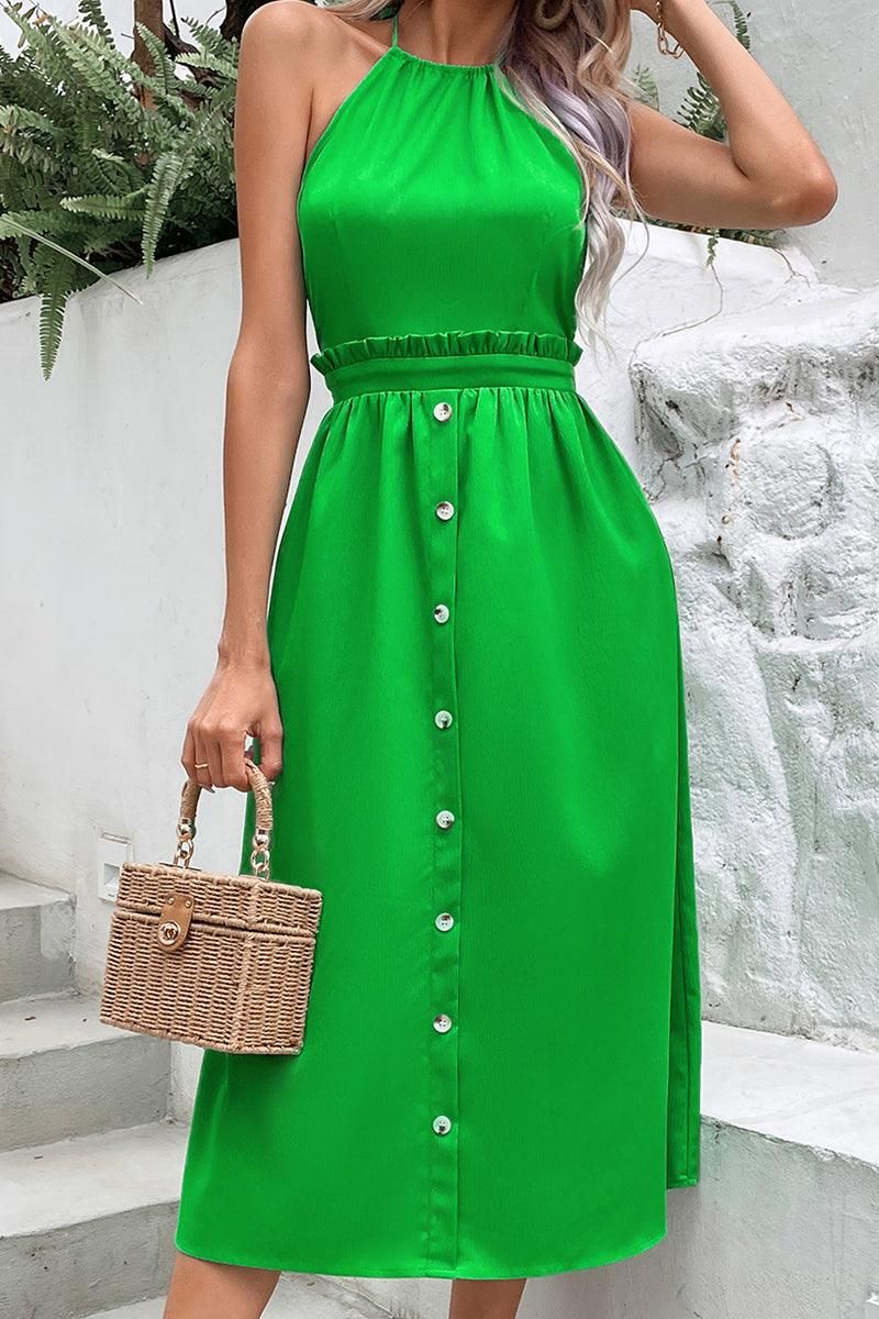 LACE WAIST BUTTON POINT GLOSSY HALTER DRESS - Doublju