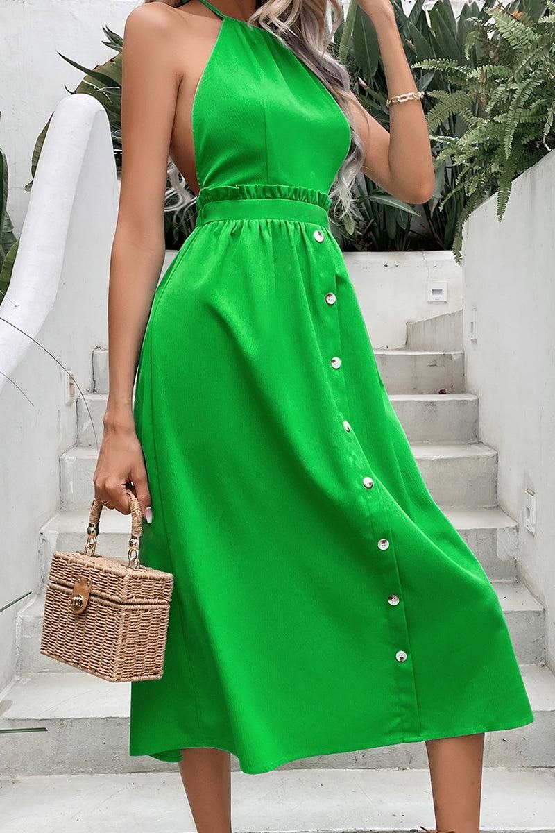 LACE WAIST BUTTON POINT GLOSSY HALTER DRESS - Doublju