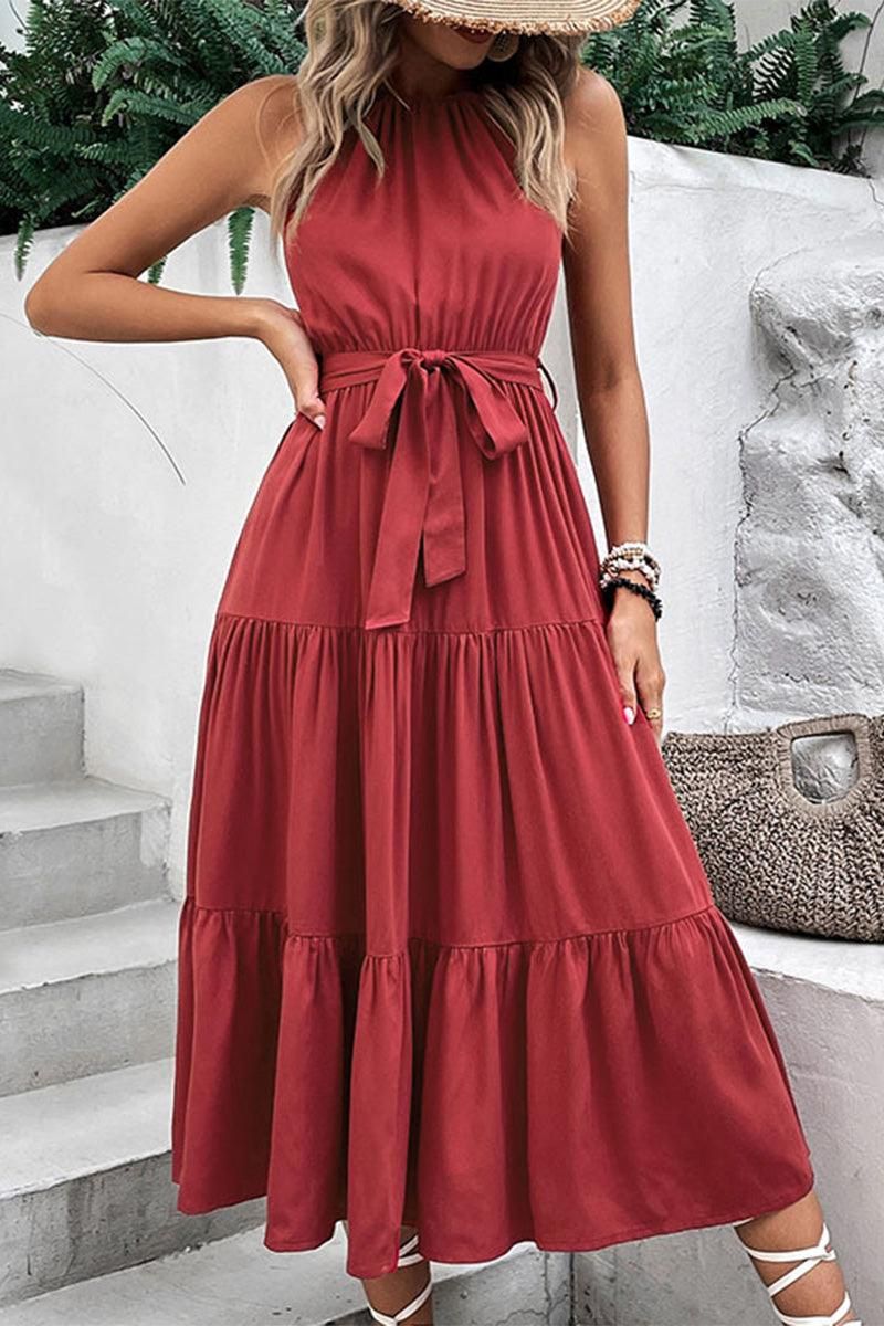 TIED WAIST TIERED HALTER DRESS - Doublju