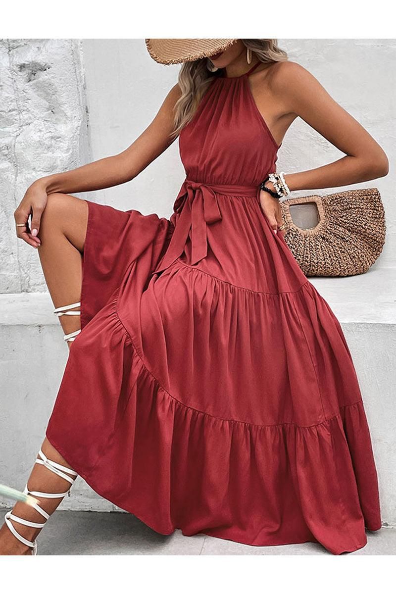 TIED WAIST TIERED HALTER DRESS - Doublju