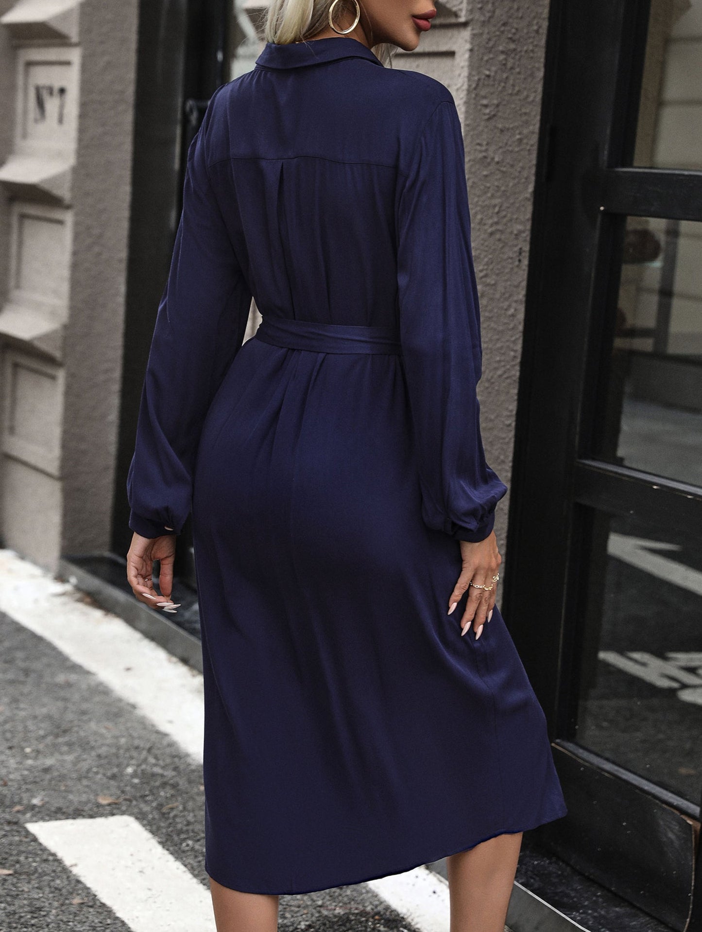 Long-sleeved solid color shirt collar dress
