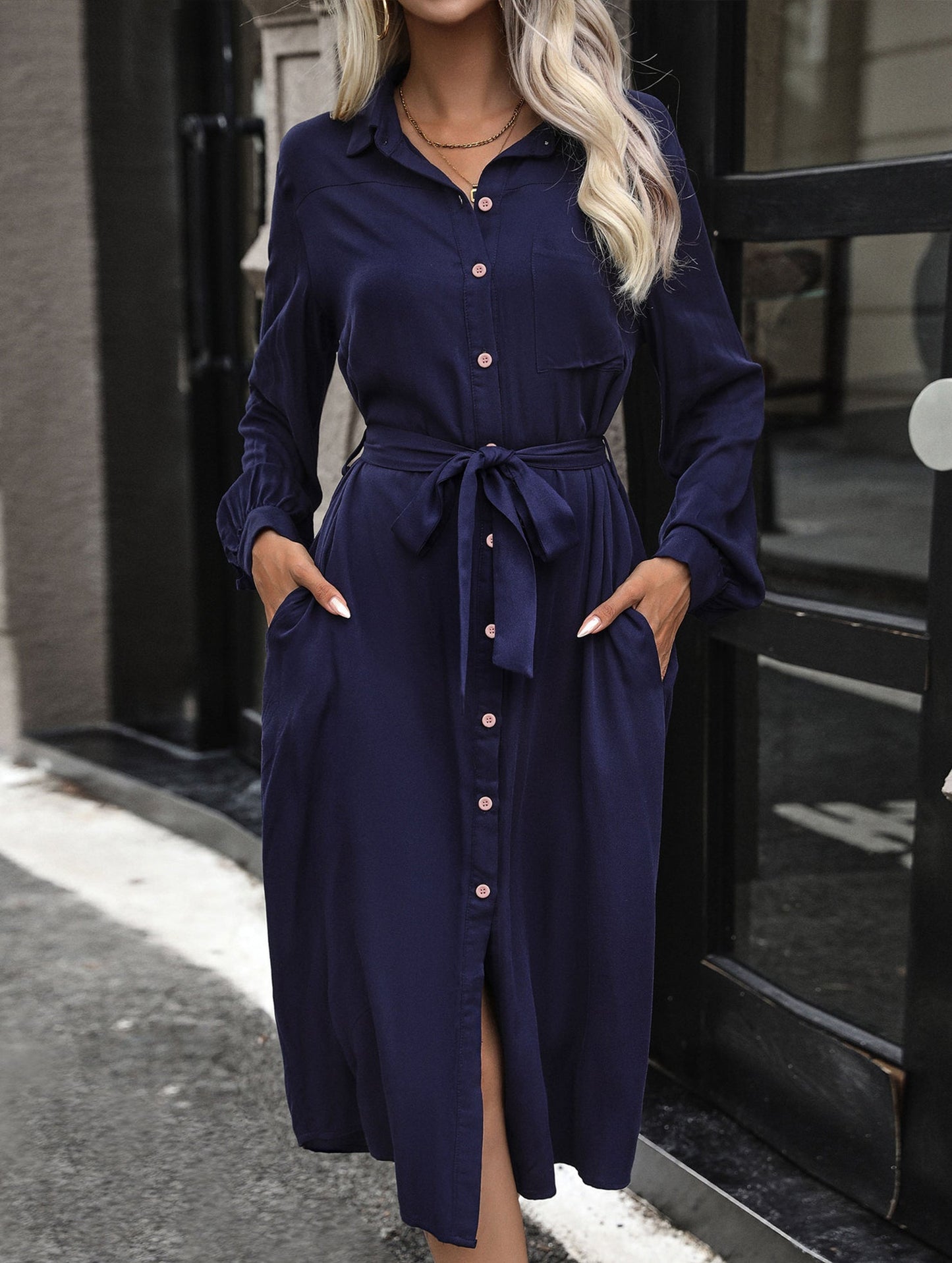 Long-sleeved solid color shirt collar dress