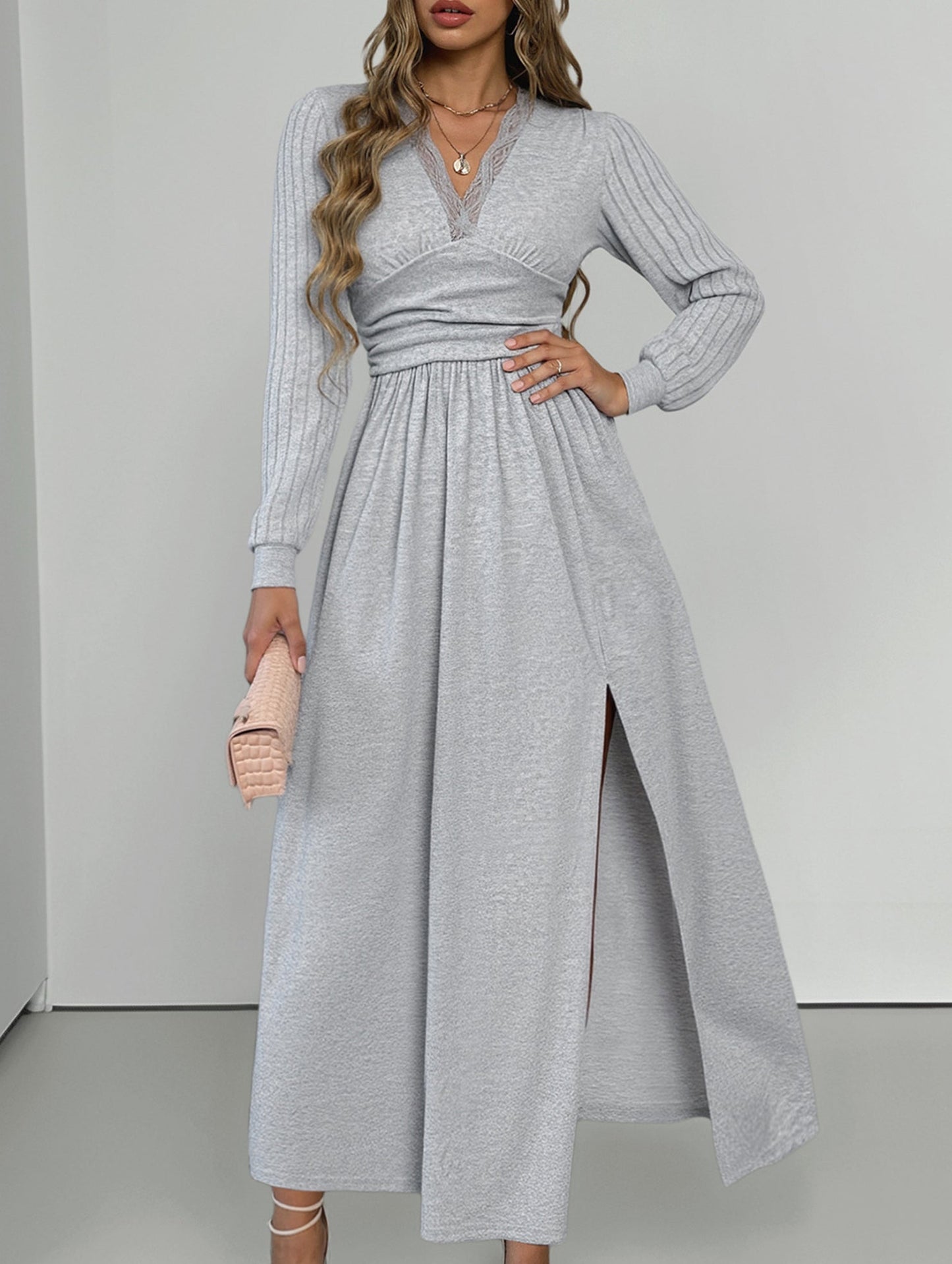 High-grade solid color brushed split dress