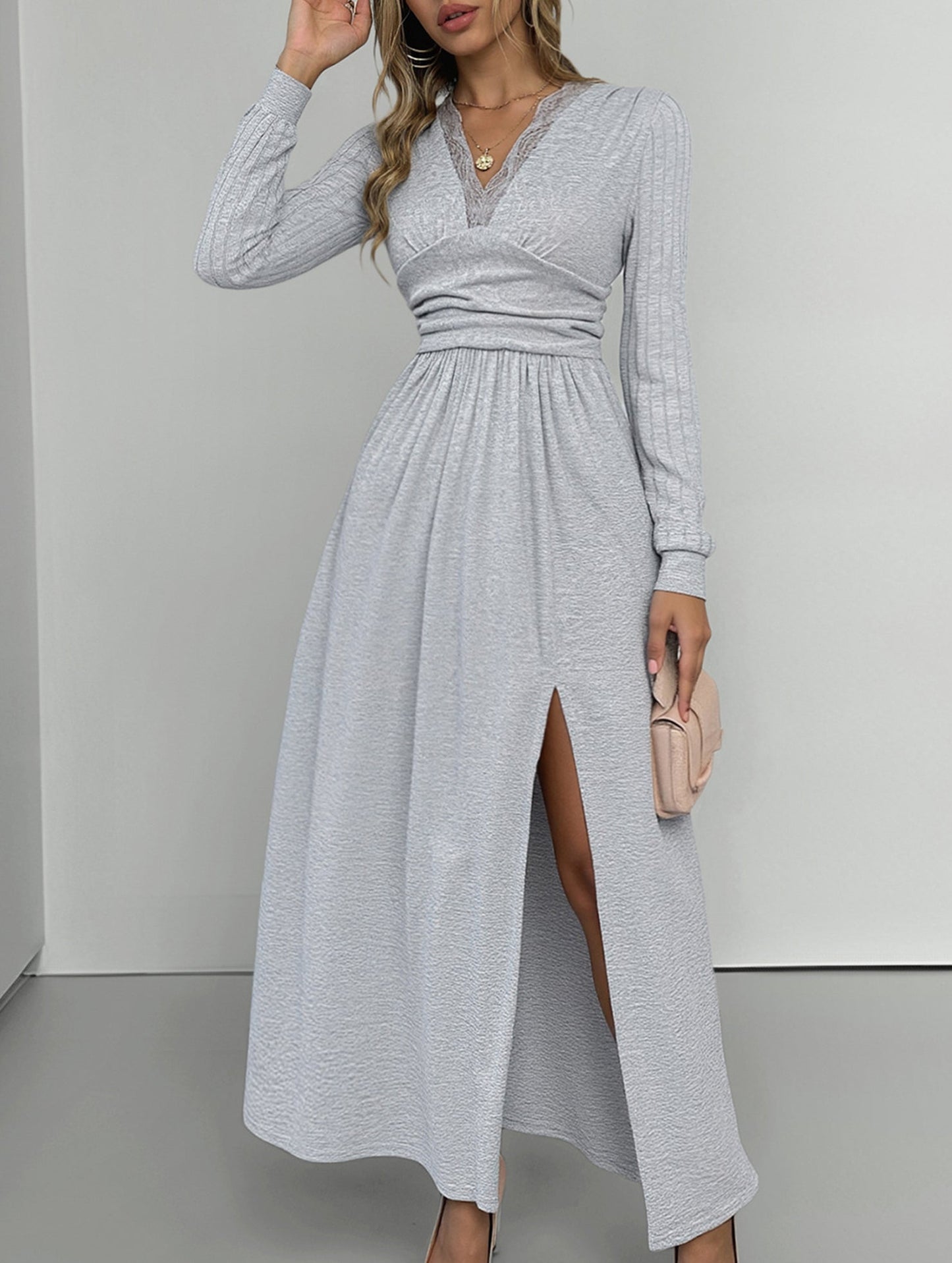 High-grade solid color brushed split dress