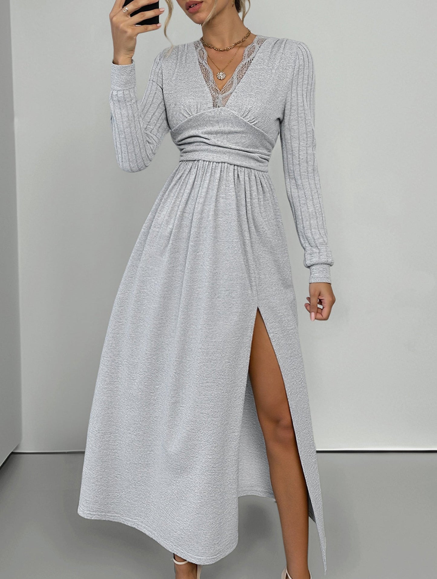 High-grade solid color brushed split dress