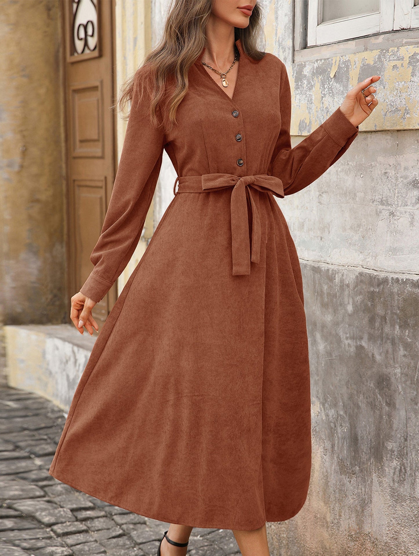 Brown corduroy V-neck dress