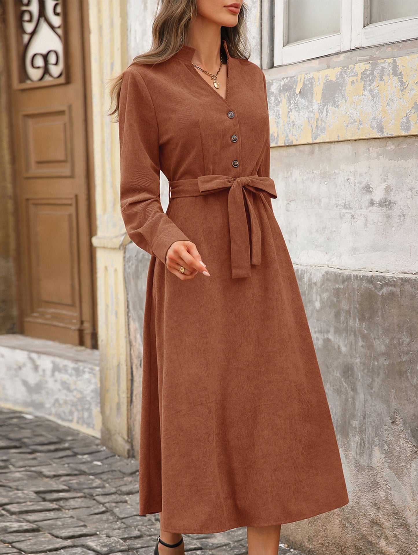 Brown corduroy V-neck dress