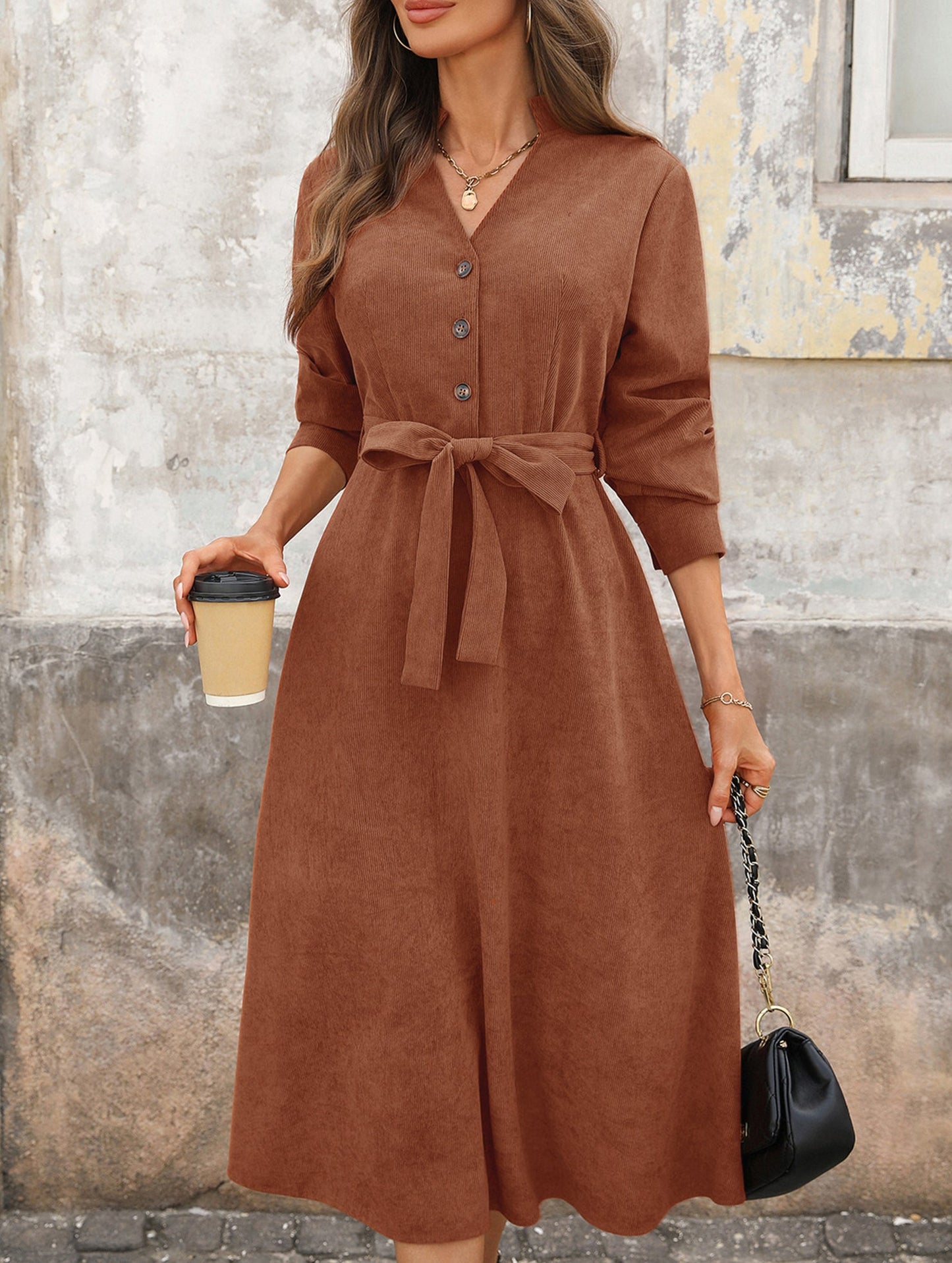 Brown corduroy V-neck dress