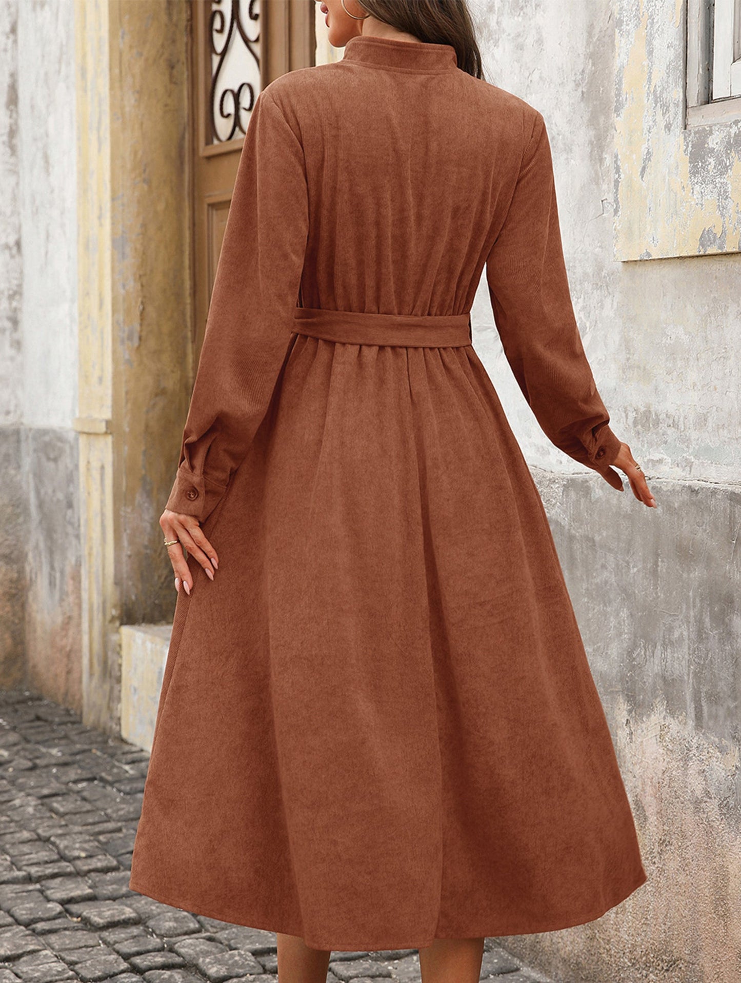 Brown corduroy V-neck dress