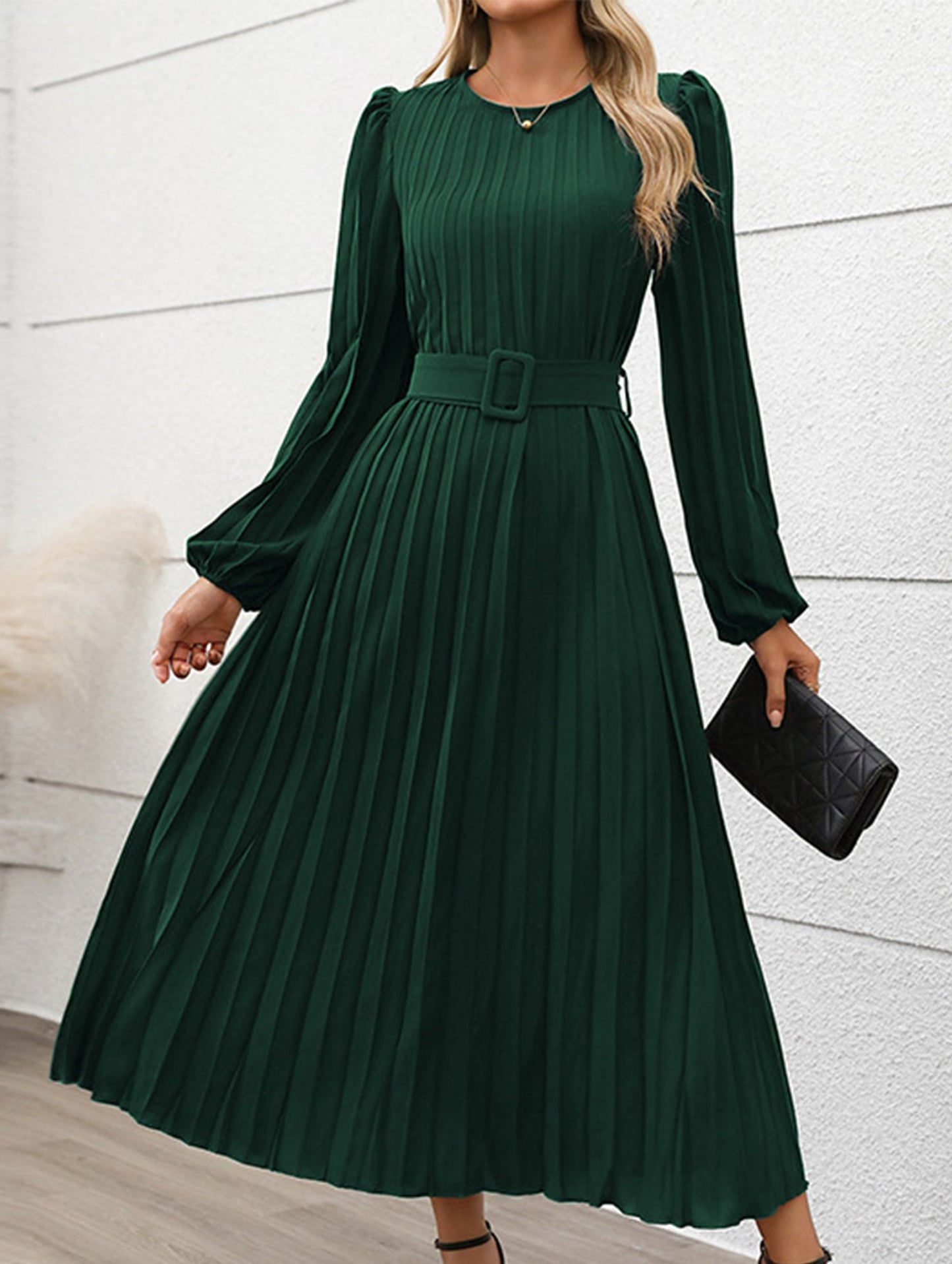 Fold-pleated round-neck high-waist long dress