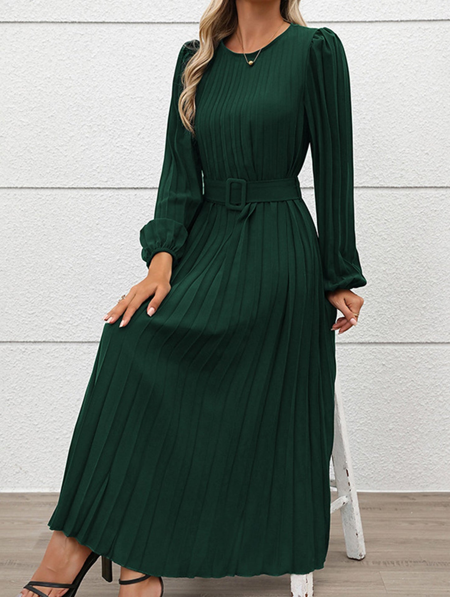Fold-pleated round-neck high-waist long dress