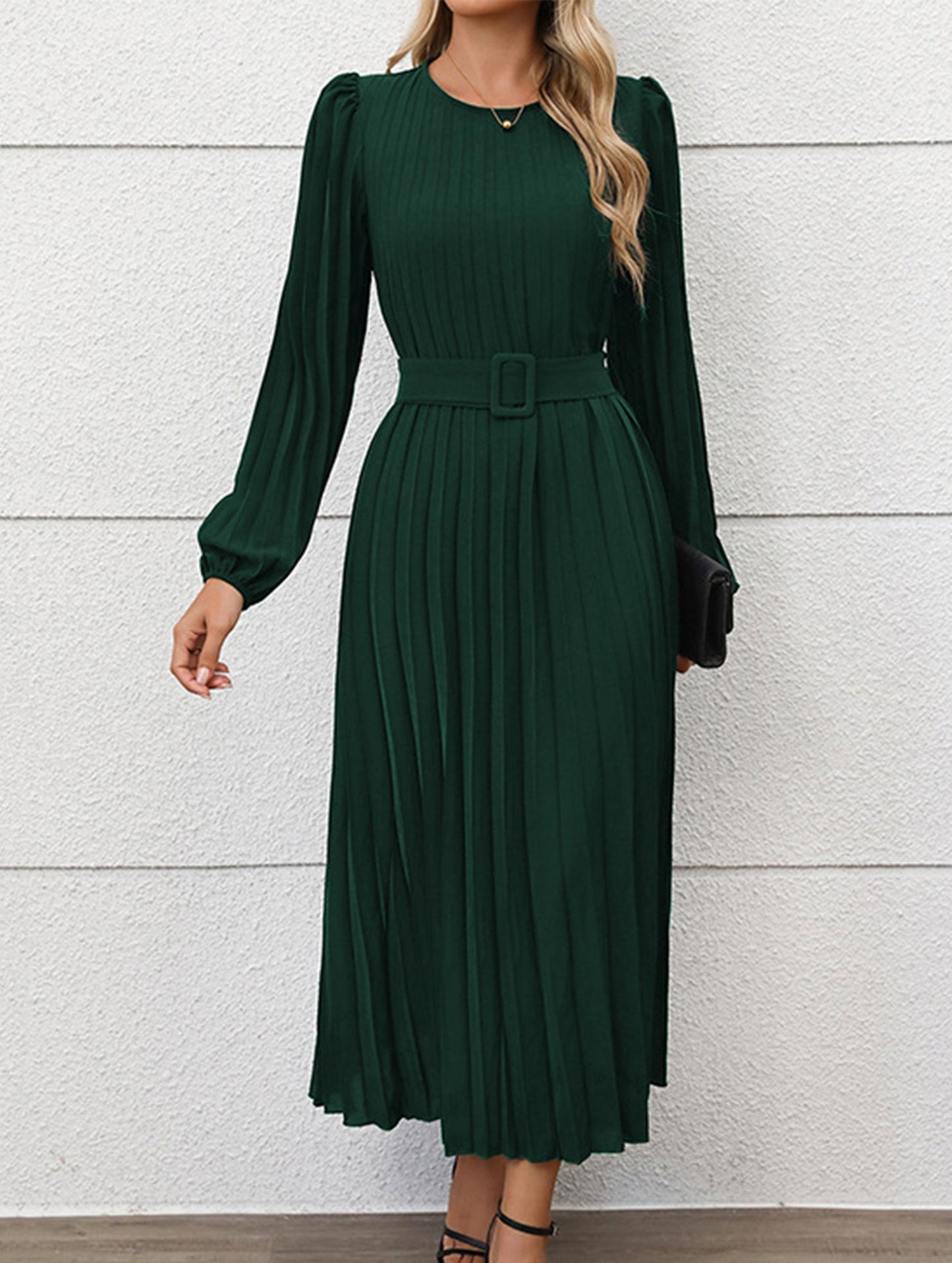 Fold-pleated round-neck high-waist long dress