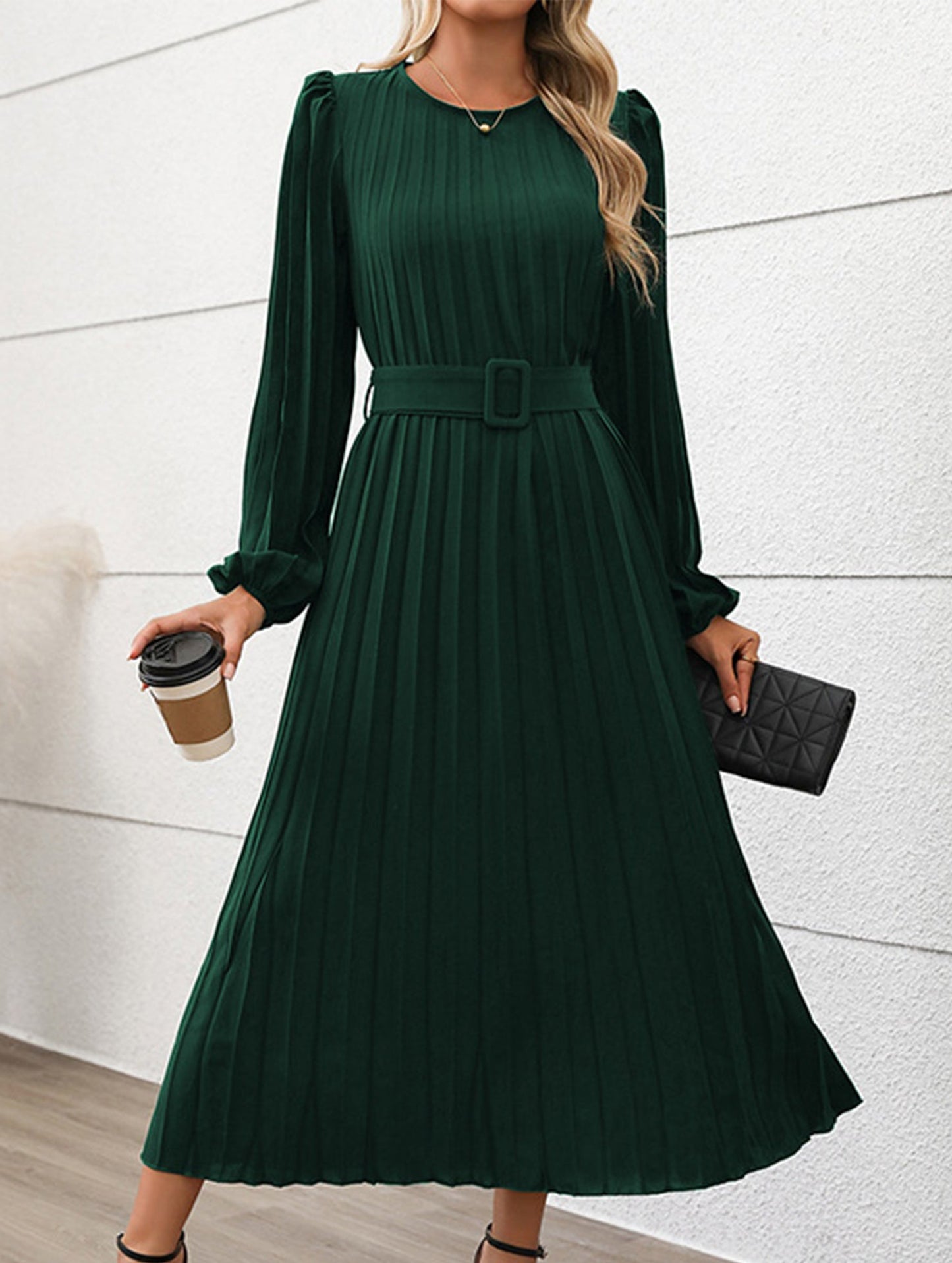 Fold-pleated round-neck high-waist long dress