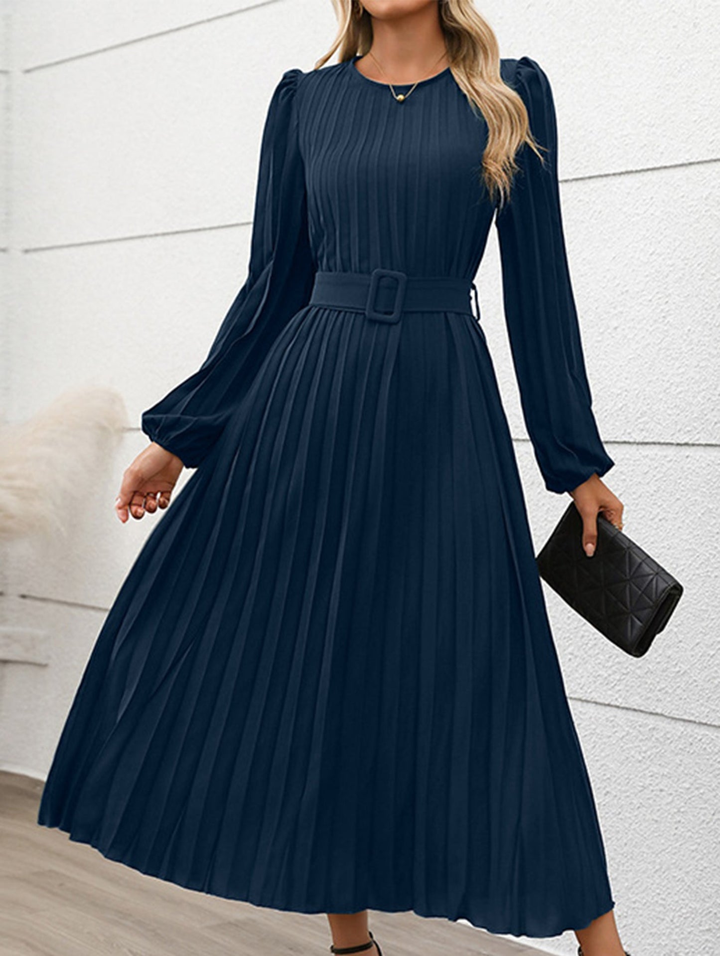 Fold-pleated round-neck high-waist long dress