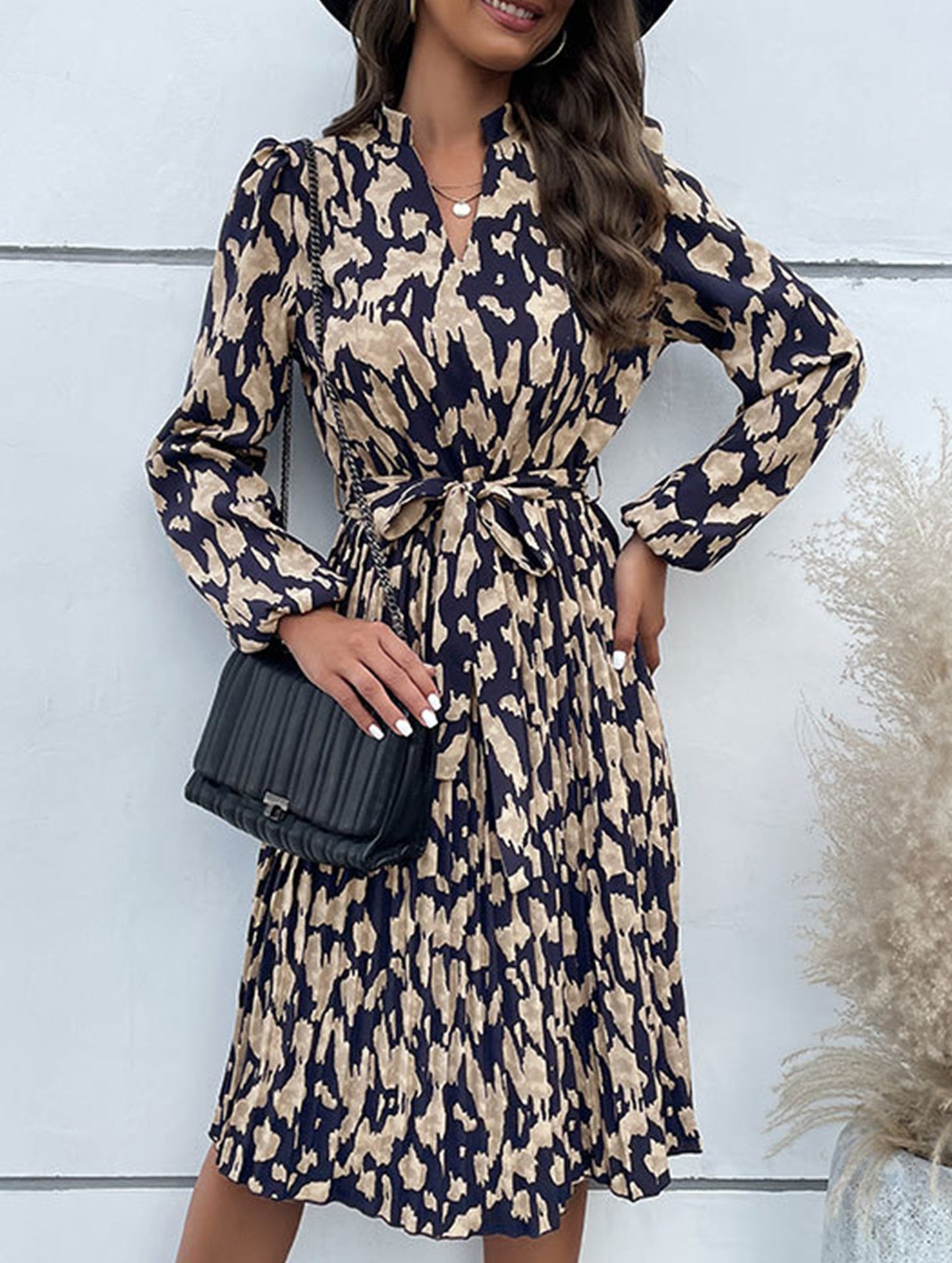 Pleated printed long-sleeved dress