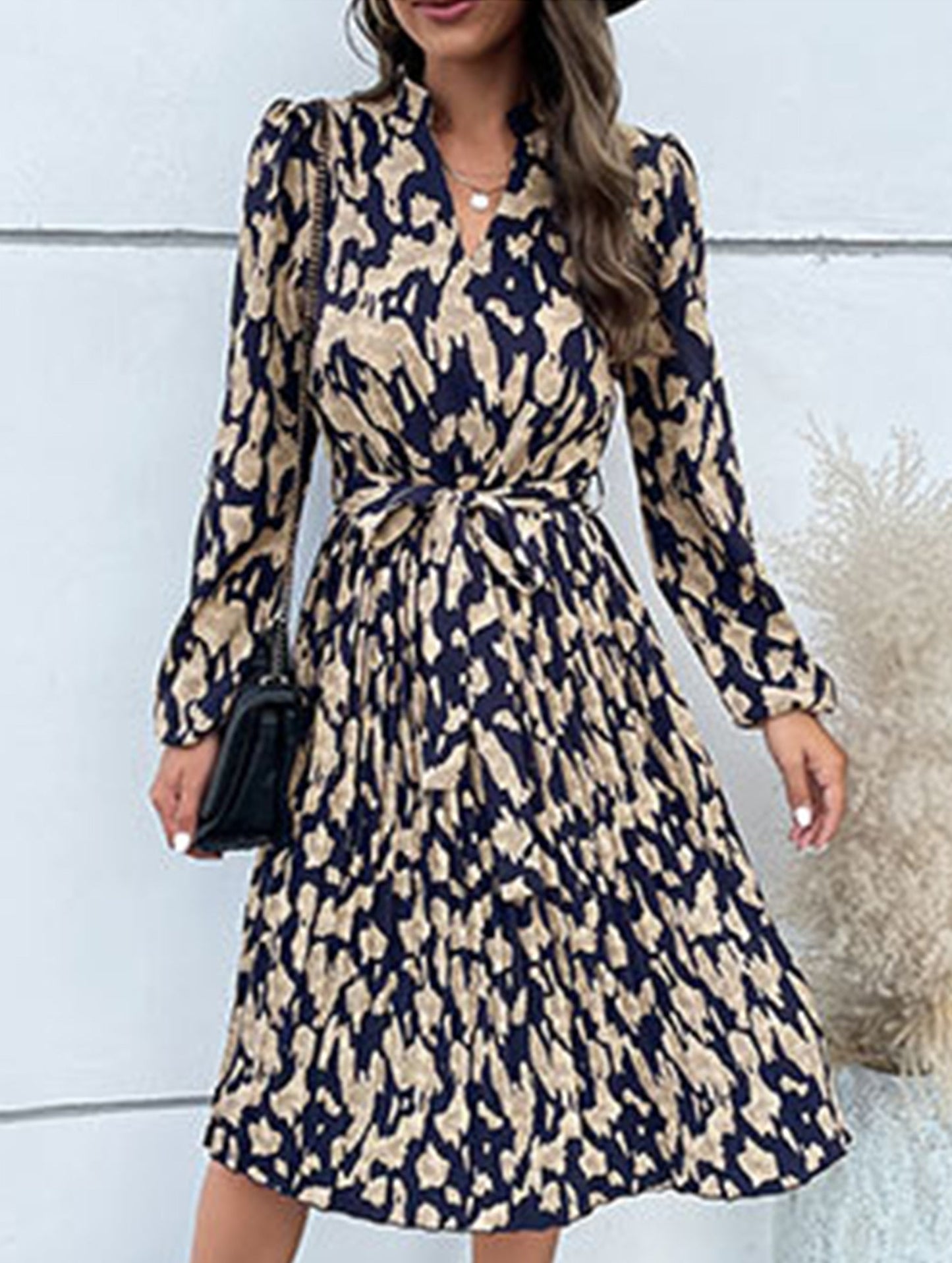 Pleated printed long-sleeved dress