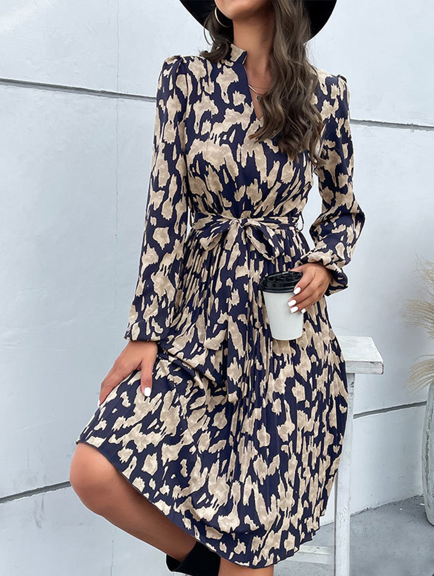 Pleated printed long-sleeved dress