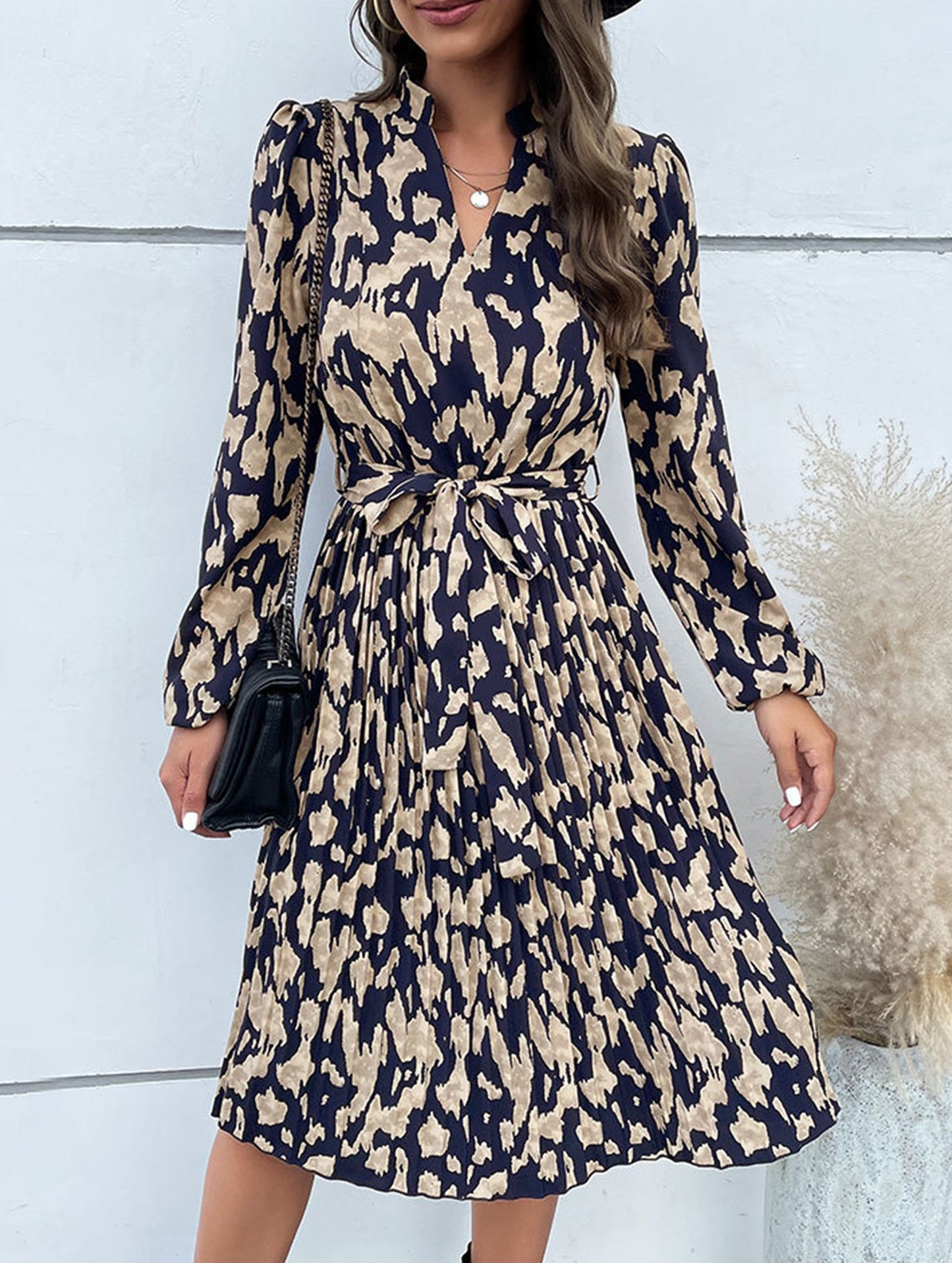Pleated printed long-sleeved dress