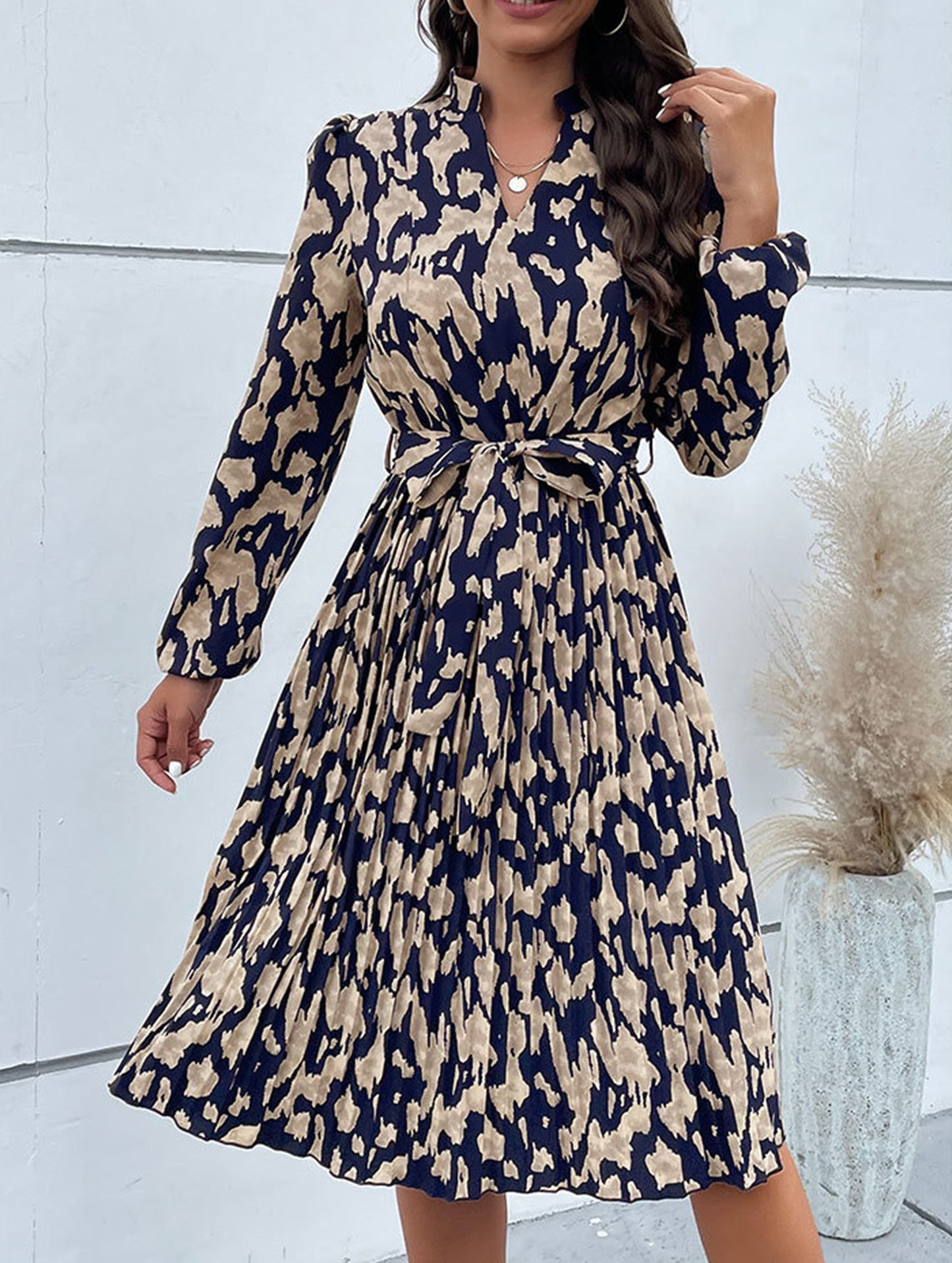 Pleated printed long-sleeved dress