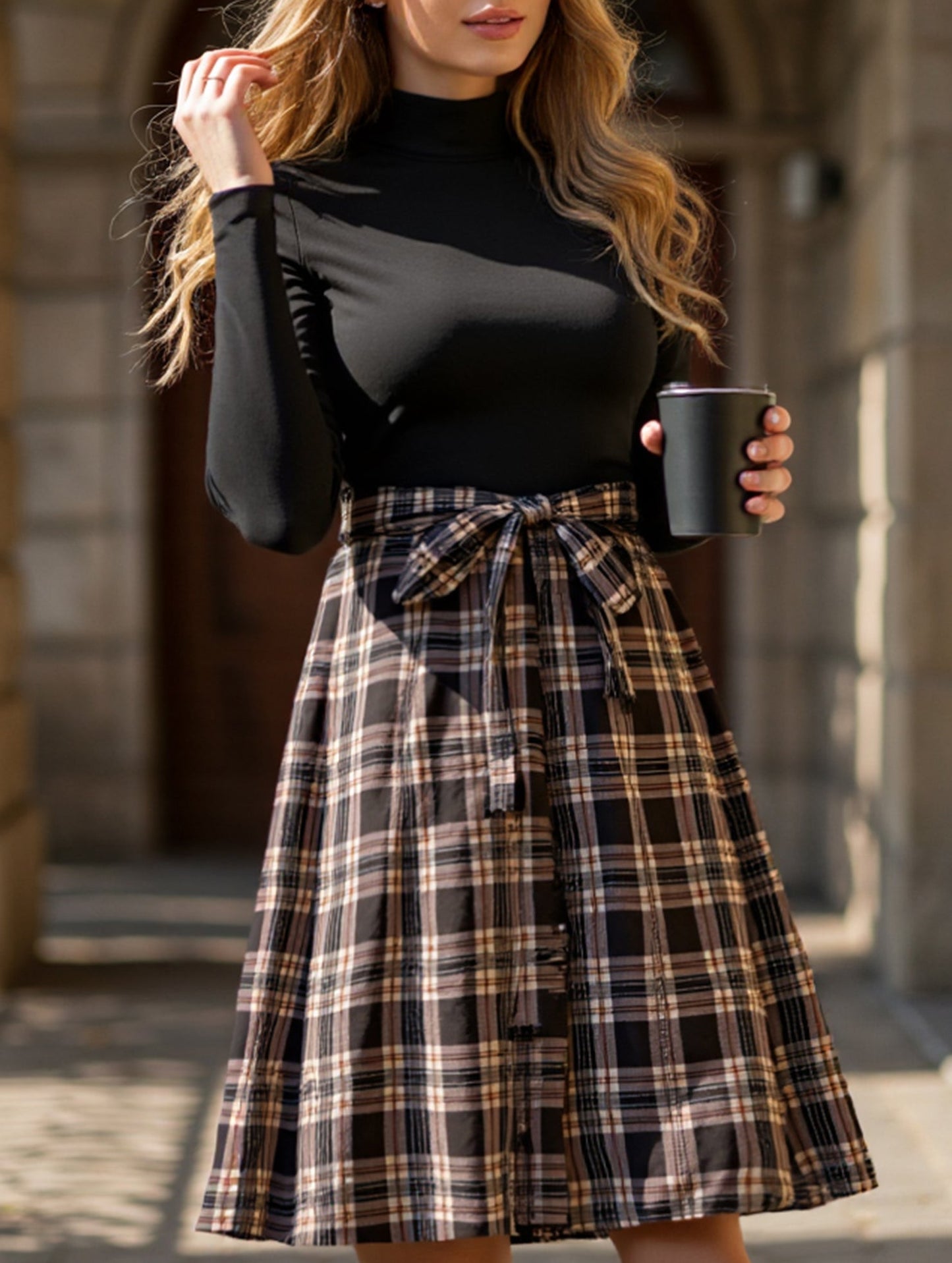 Elegant plaid long dress with stand-up collar