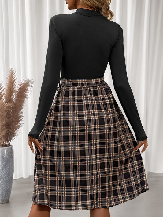 Elegant plaid long dress with stand-up collar