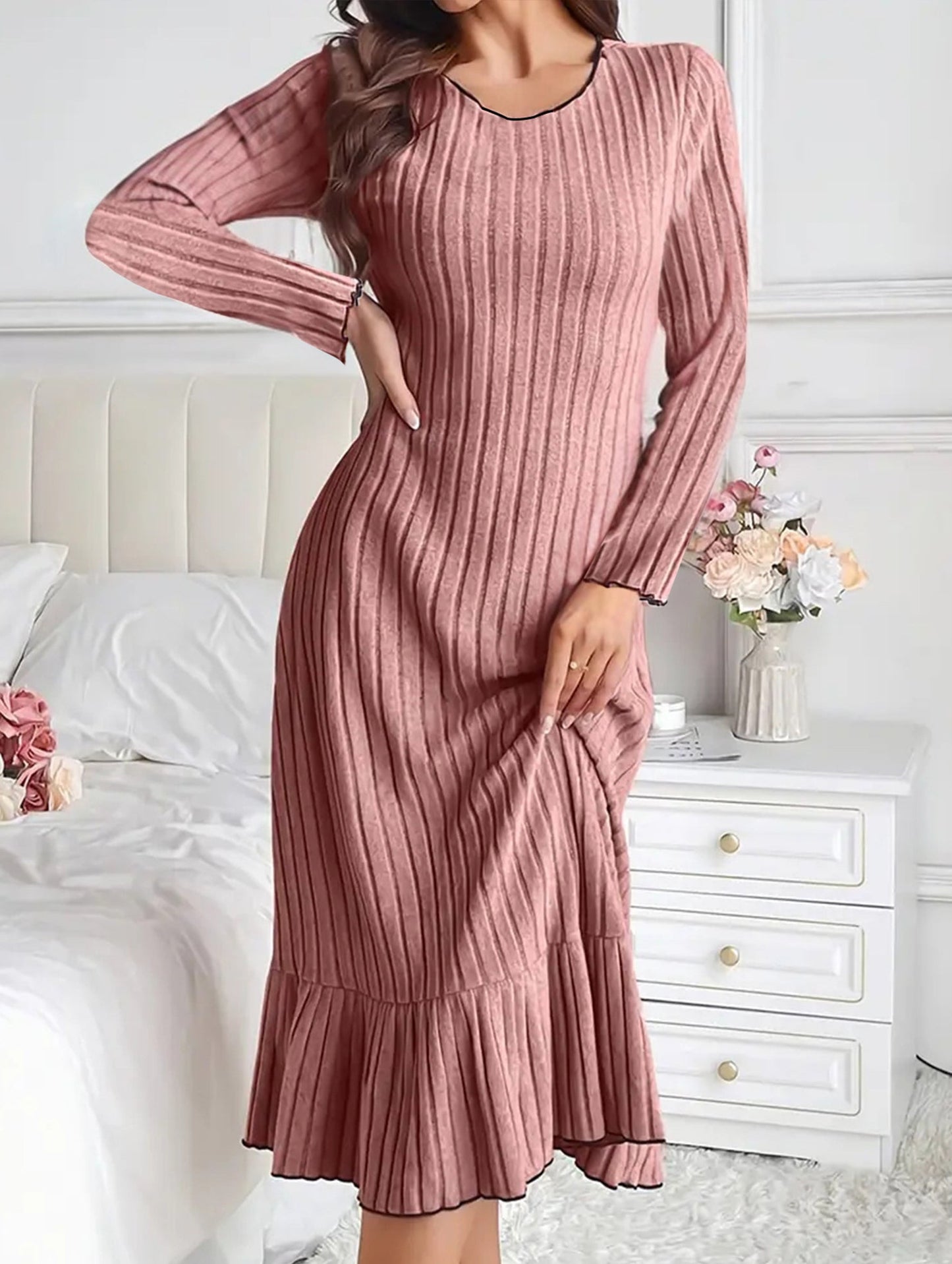 Ruffle hem solid color long sleeve dress