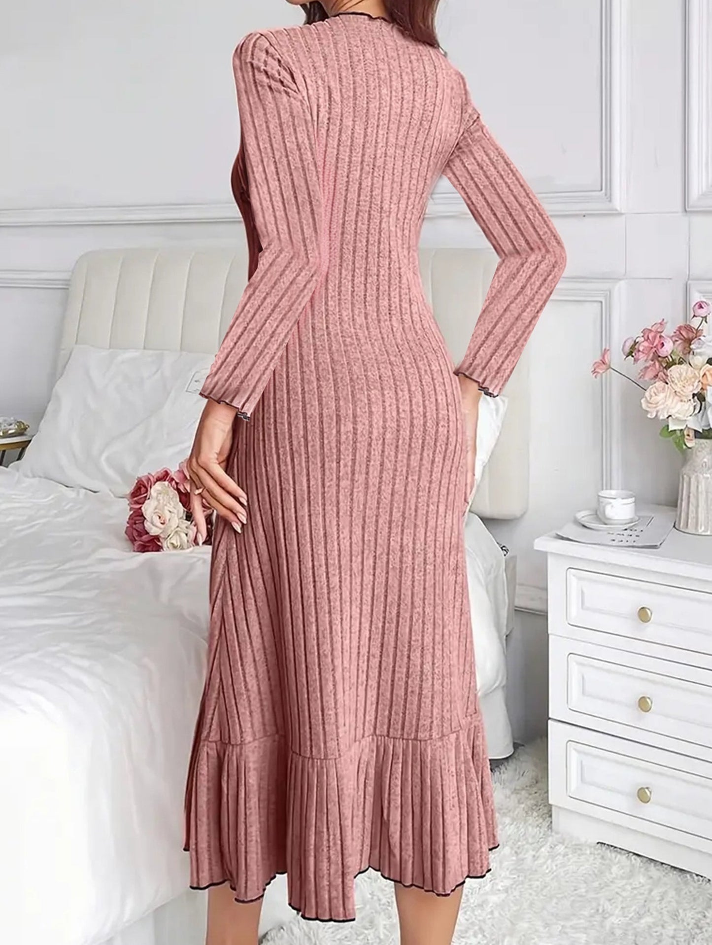 Ruffle hem solid color long sleeve dress