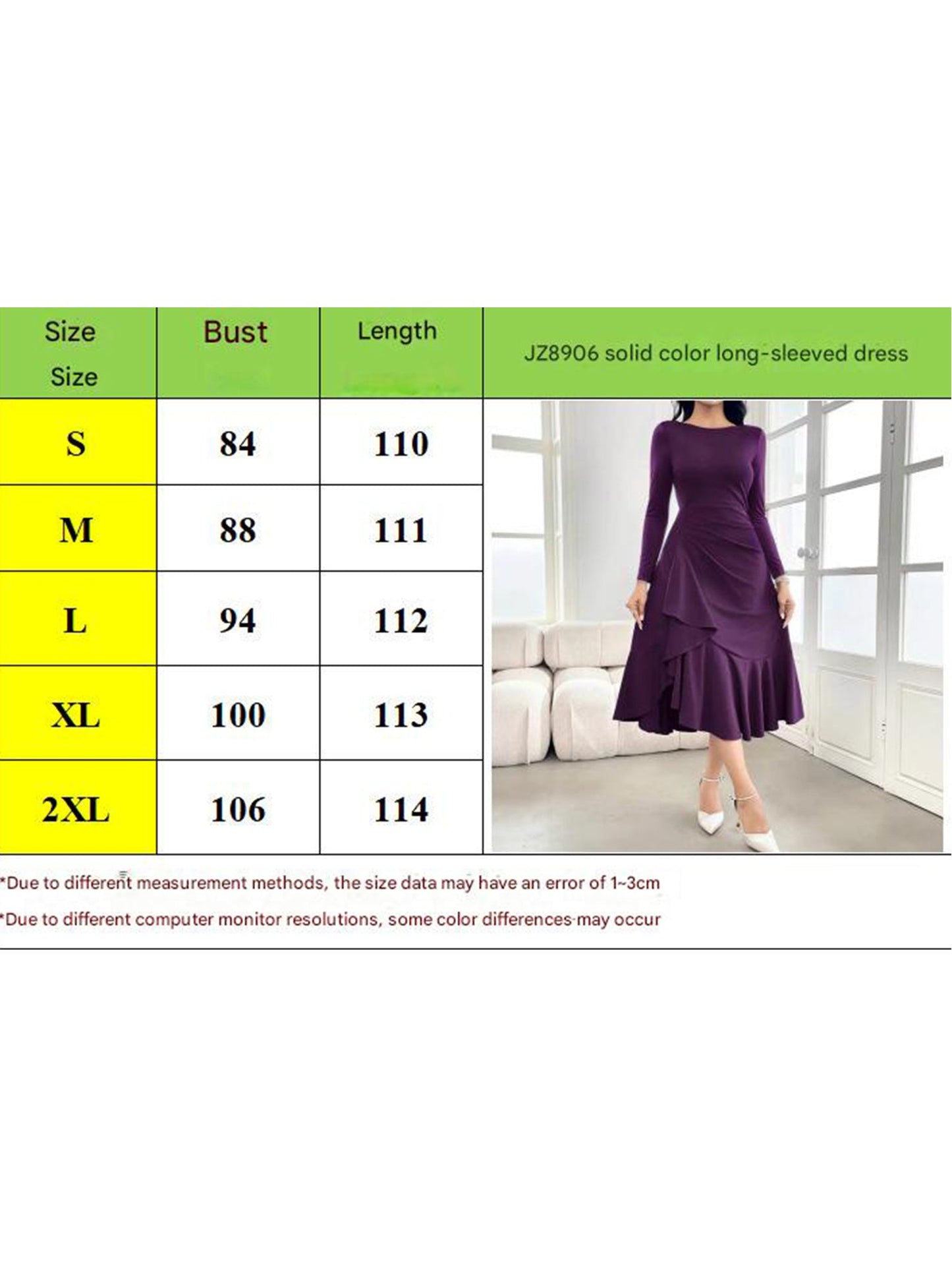 Solid color long sleeve round neck women dress