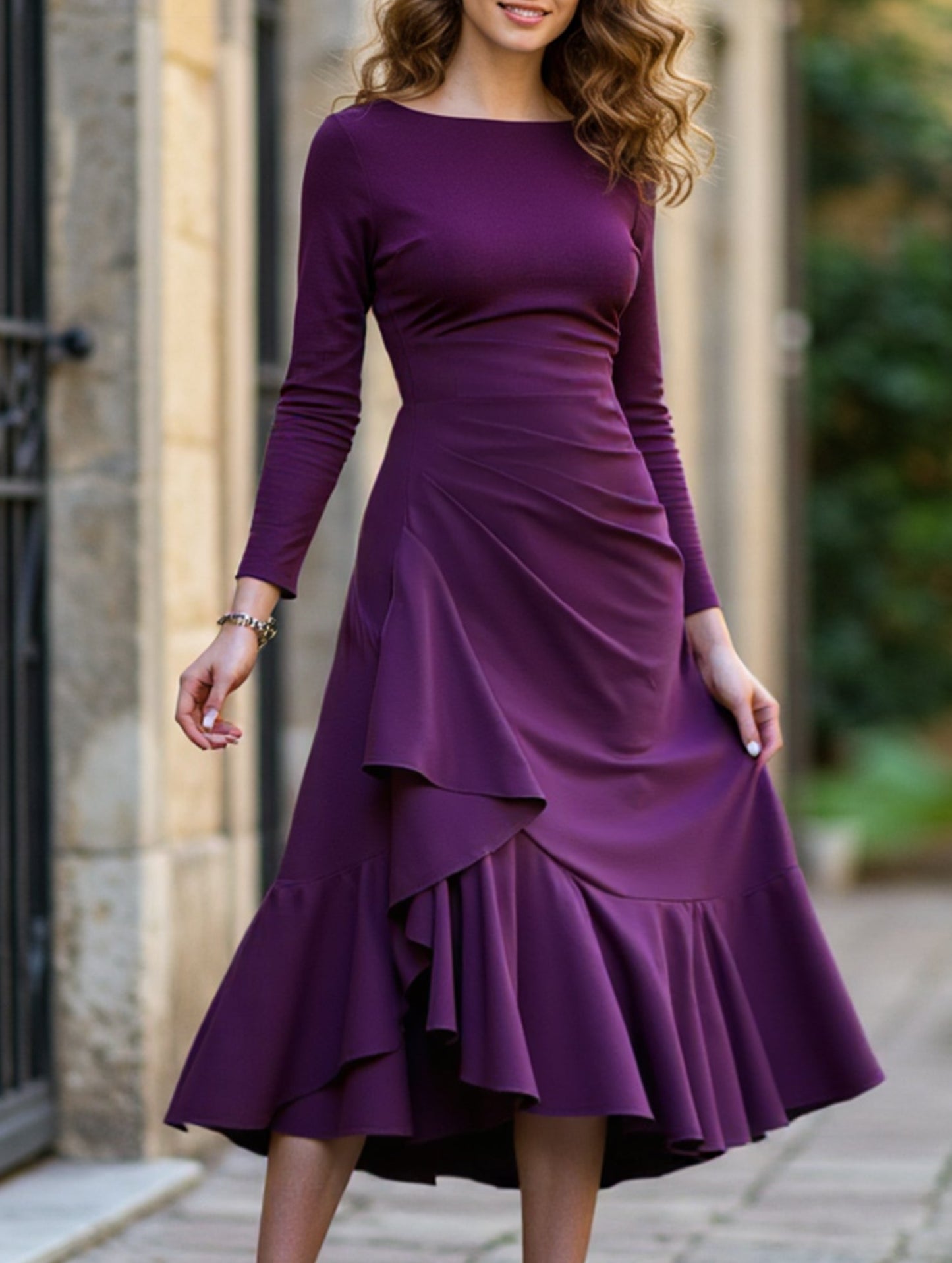Solid color long sleeve round neck women dress