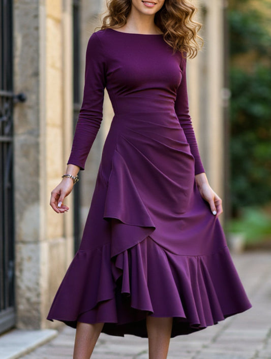 Solid color long sleeve round neck women dress