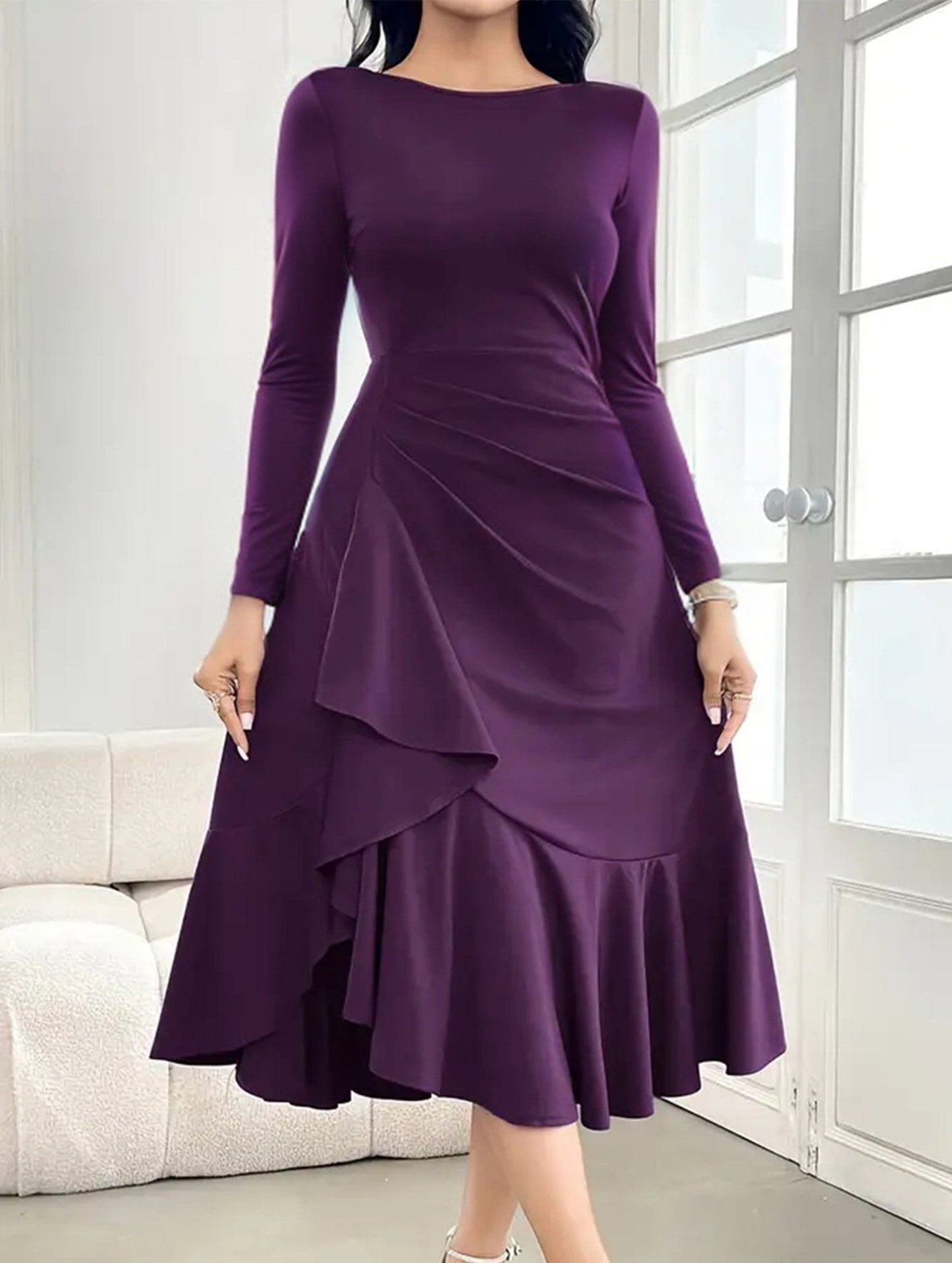 Solid color long sleeve round neck women dress
