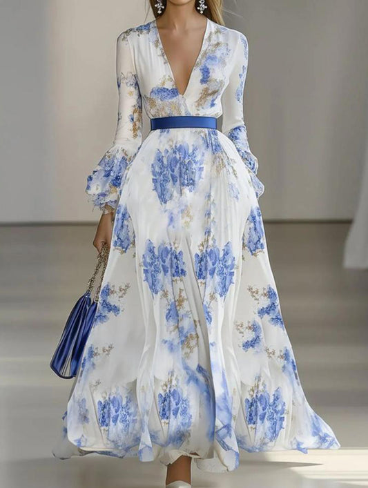V-neck printed long dress