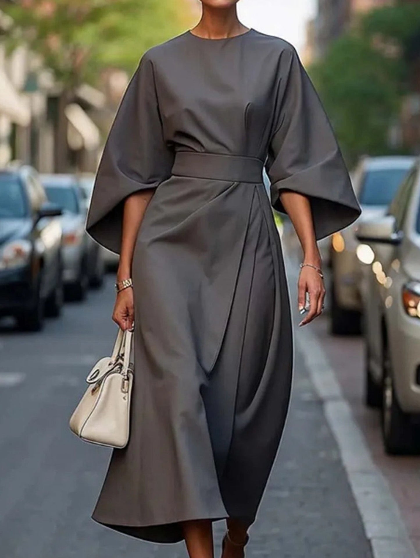 Casual solid color waist dress