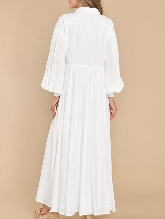 Button-Down Lapel Pleated Long-Sleeve Maxi Dress