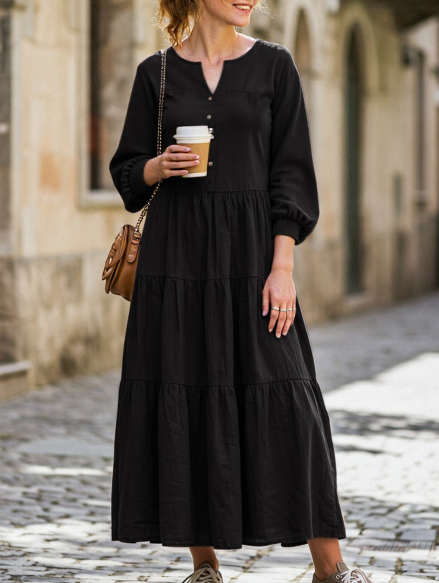 V-neck ruffled loose dress