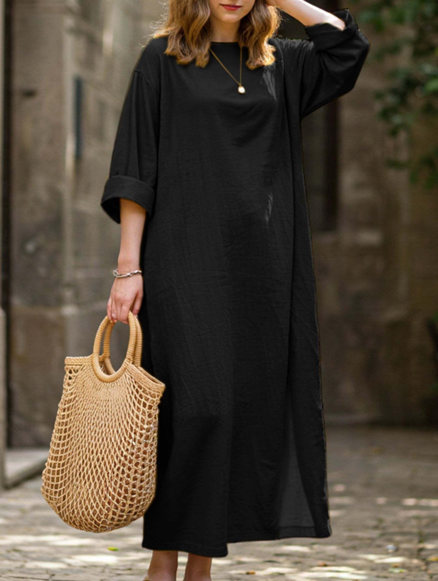 Retro long-sleeved round neck loose dress