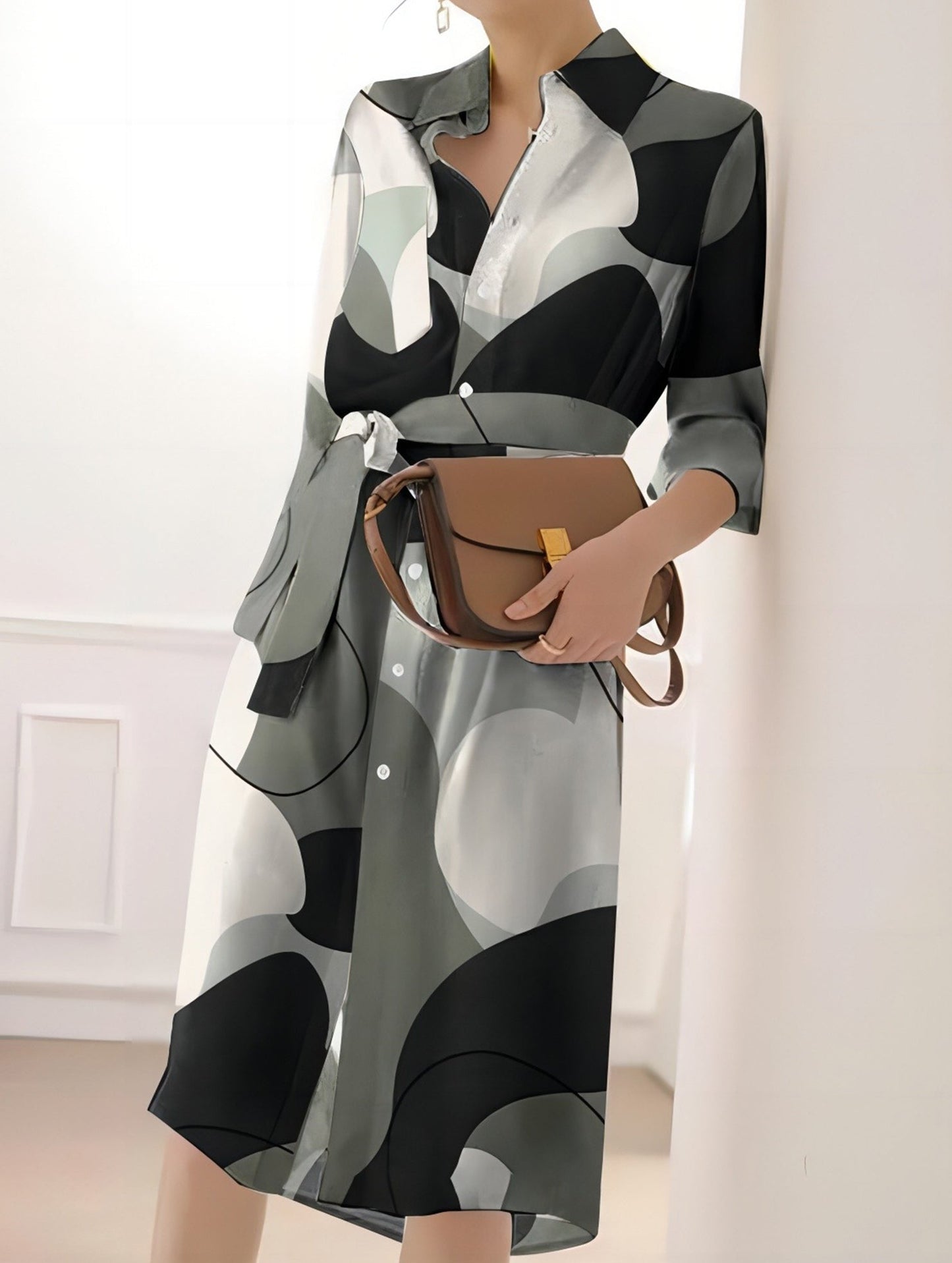 GEOMETRIC PRINT SLIT CASUAL BUTTON DRESS