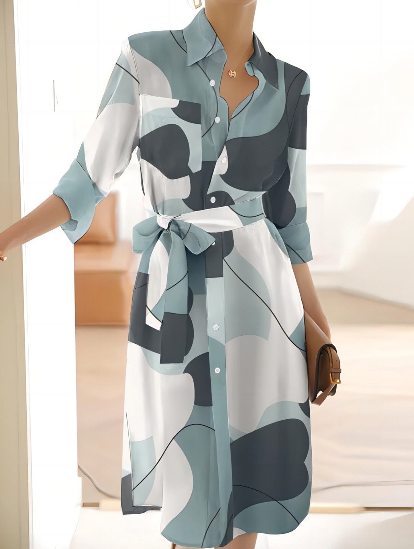 GEOMETRIC PRINT SLIT CASUAL BUTTON DRESS