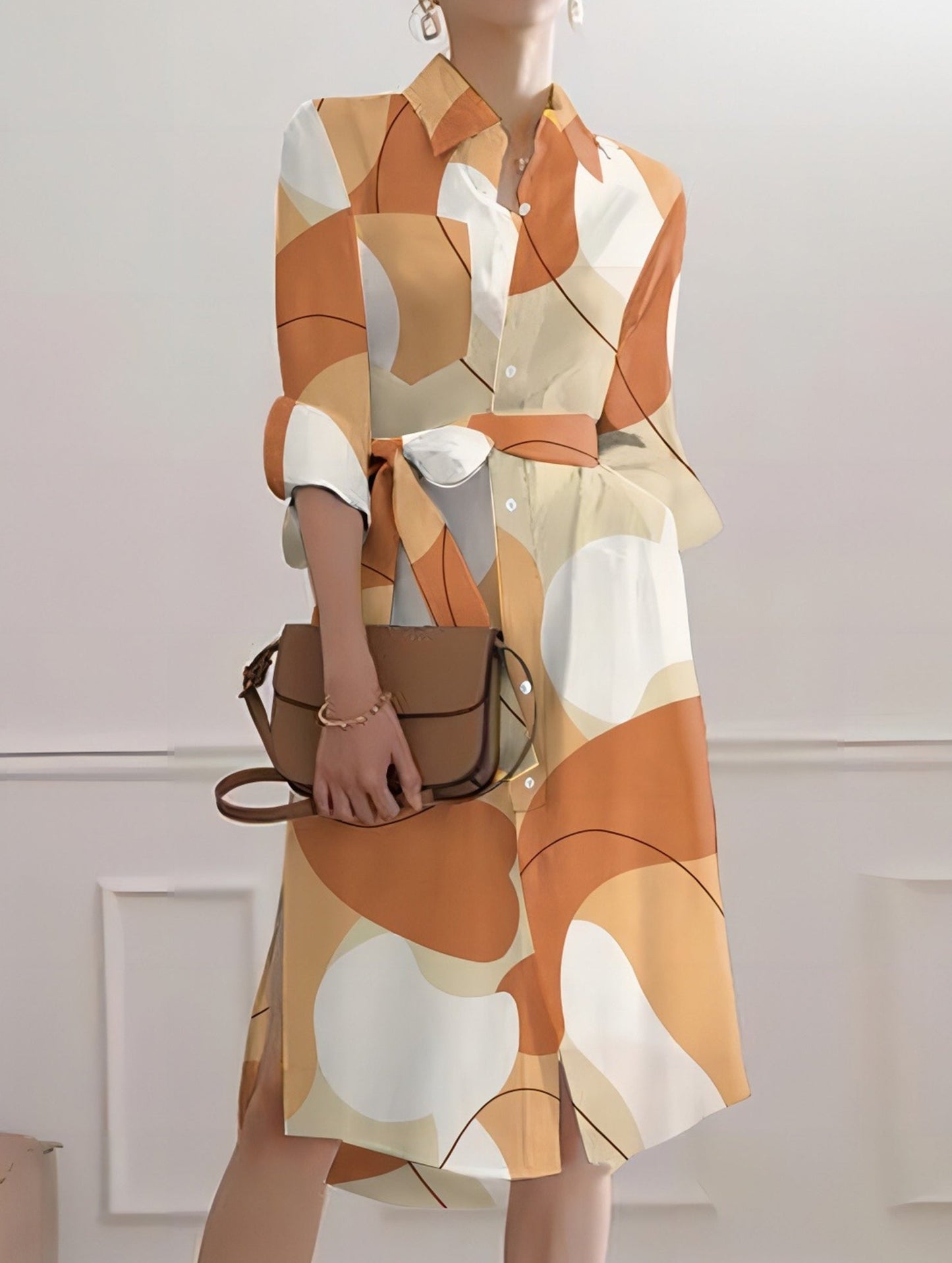 GEOMETRIC PRINT SLIT CASUAL BUTTON DRESS