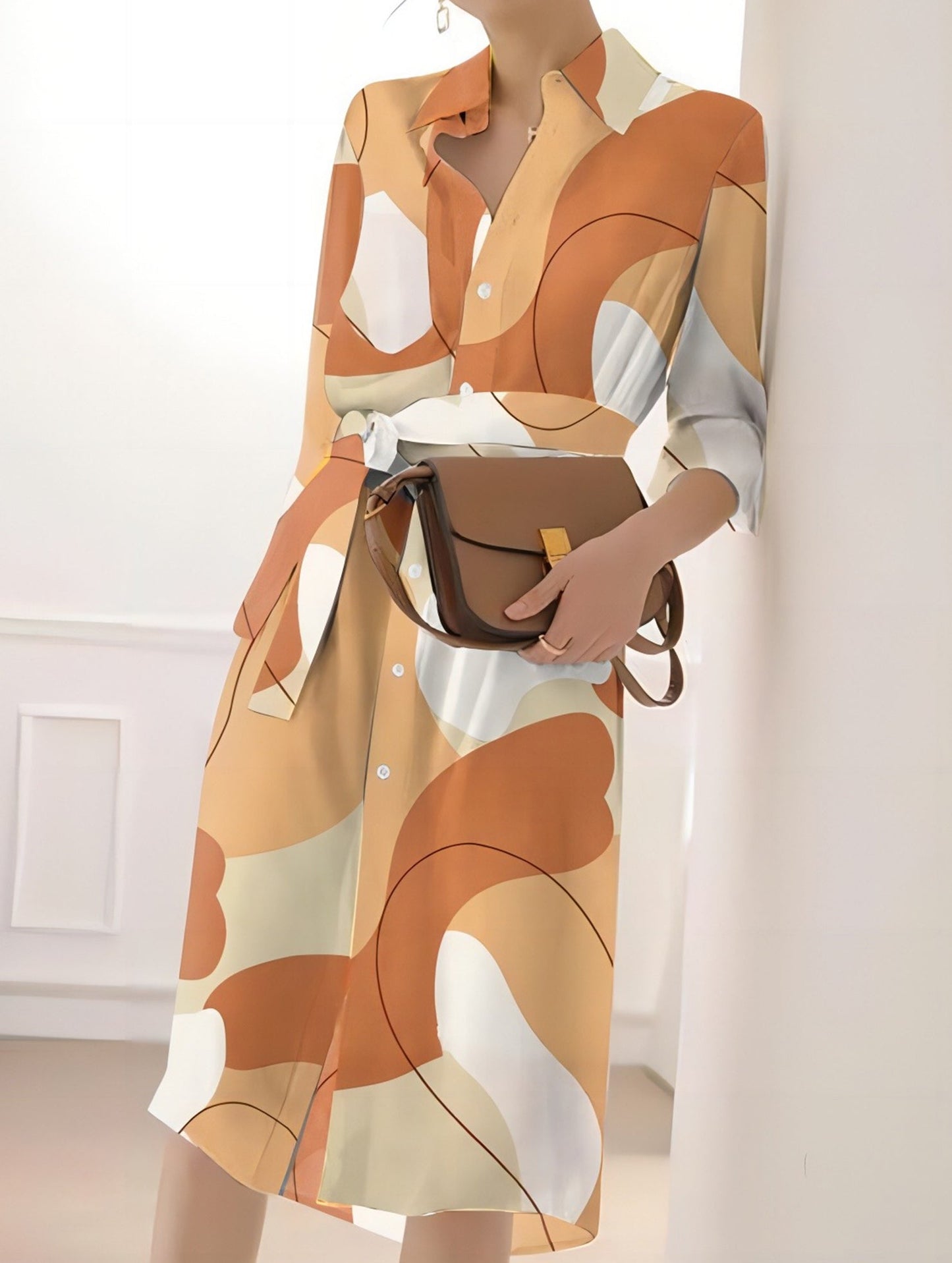 GEOMETRIC PRINT SLIT CASUAL BUTTON DRESS