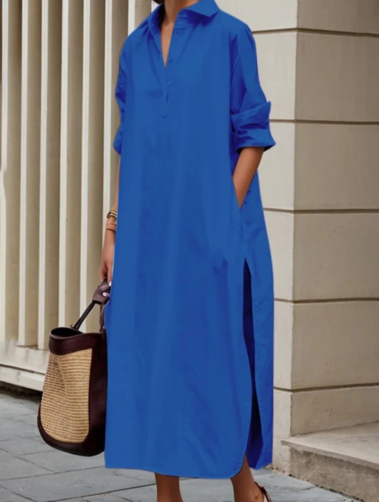 Lapel Button Side Slit Casual Midi Dress