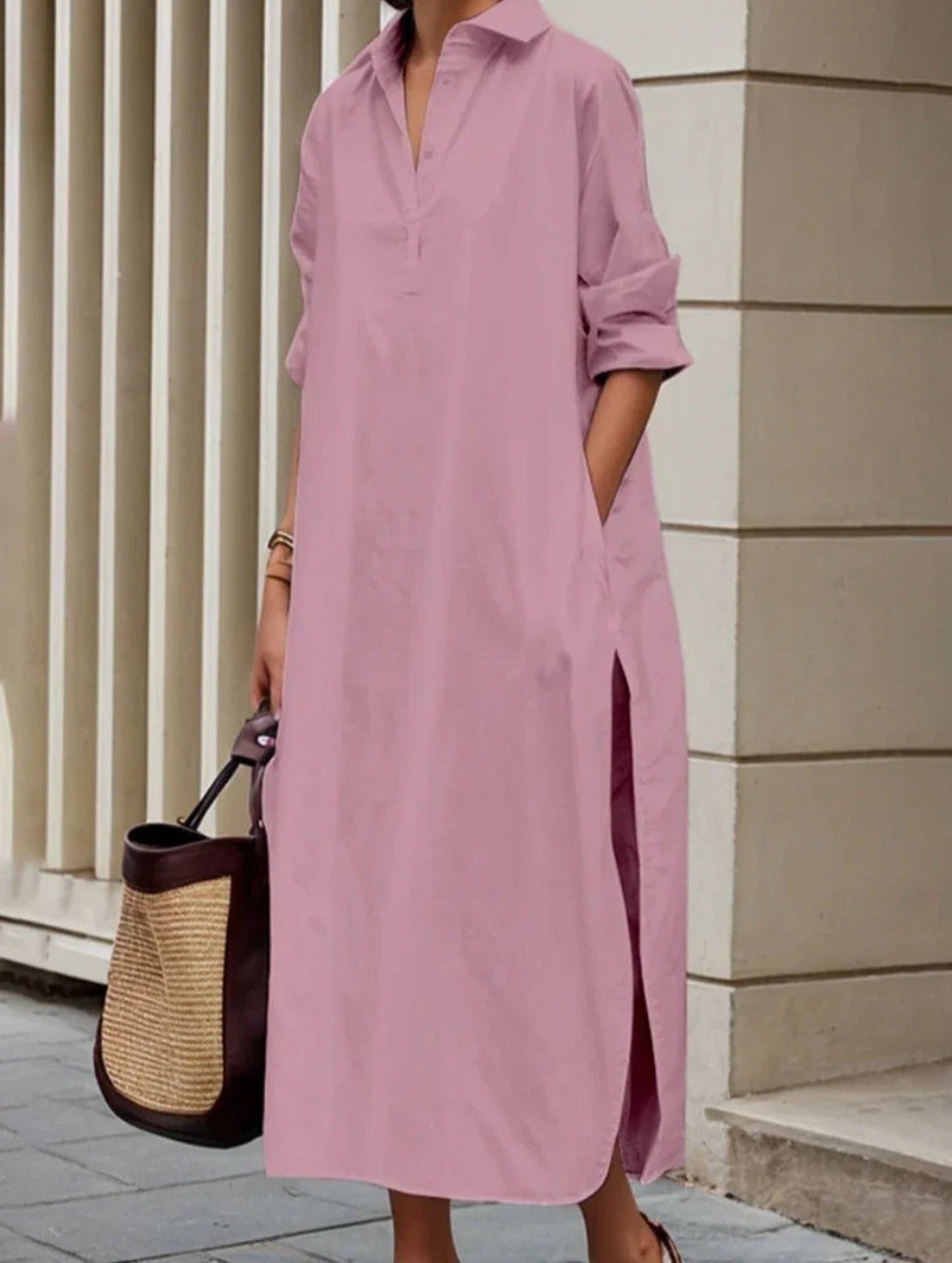 Lapel Button Side Slit Casual Midi Dress