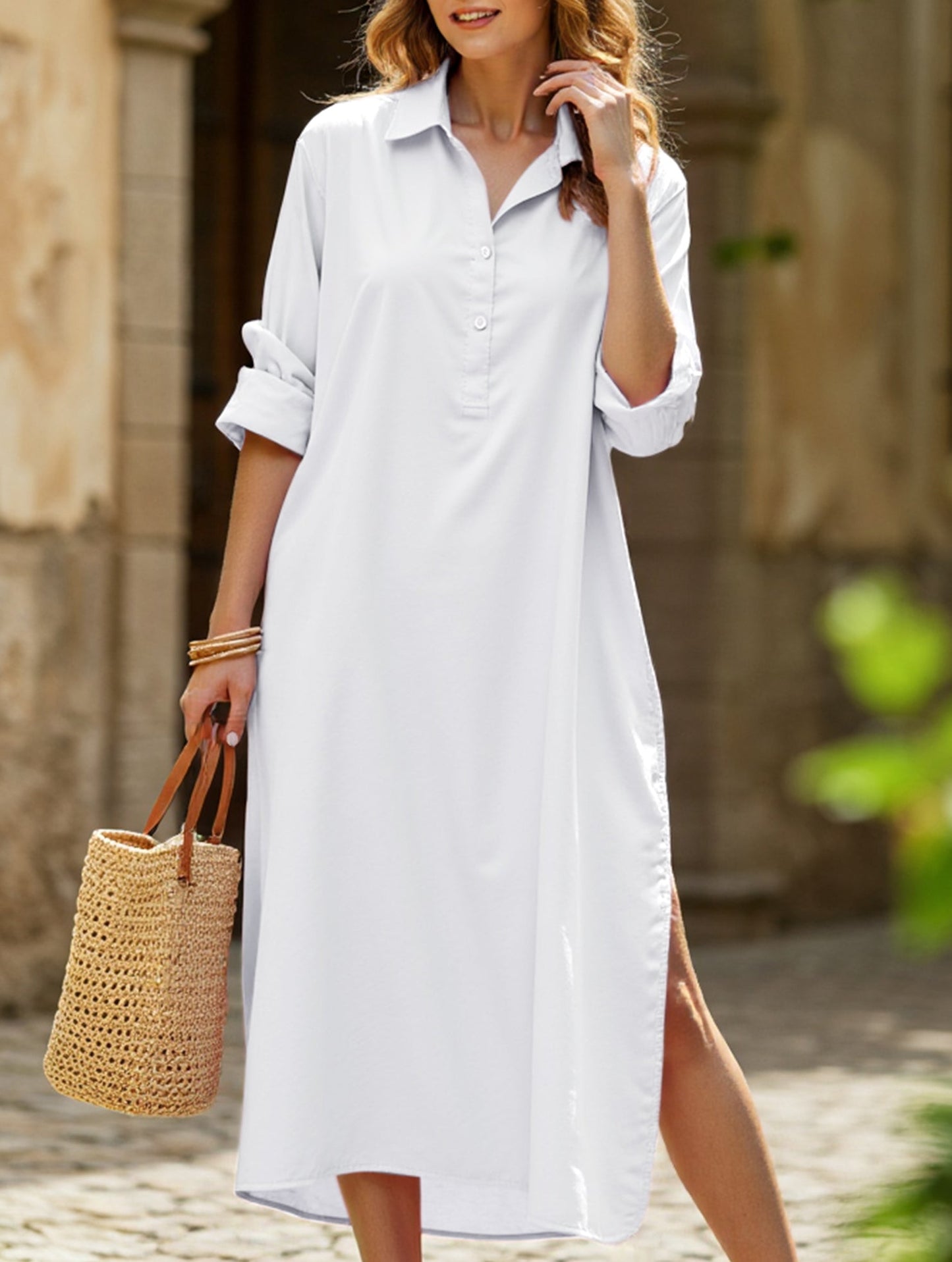 Lapel Button Side Slit Casual Midi Dress