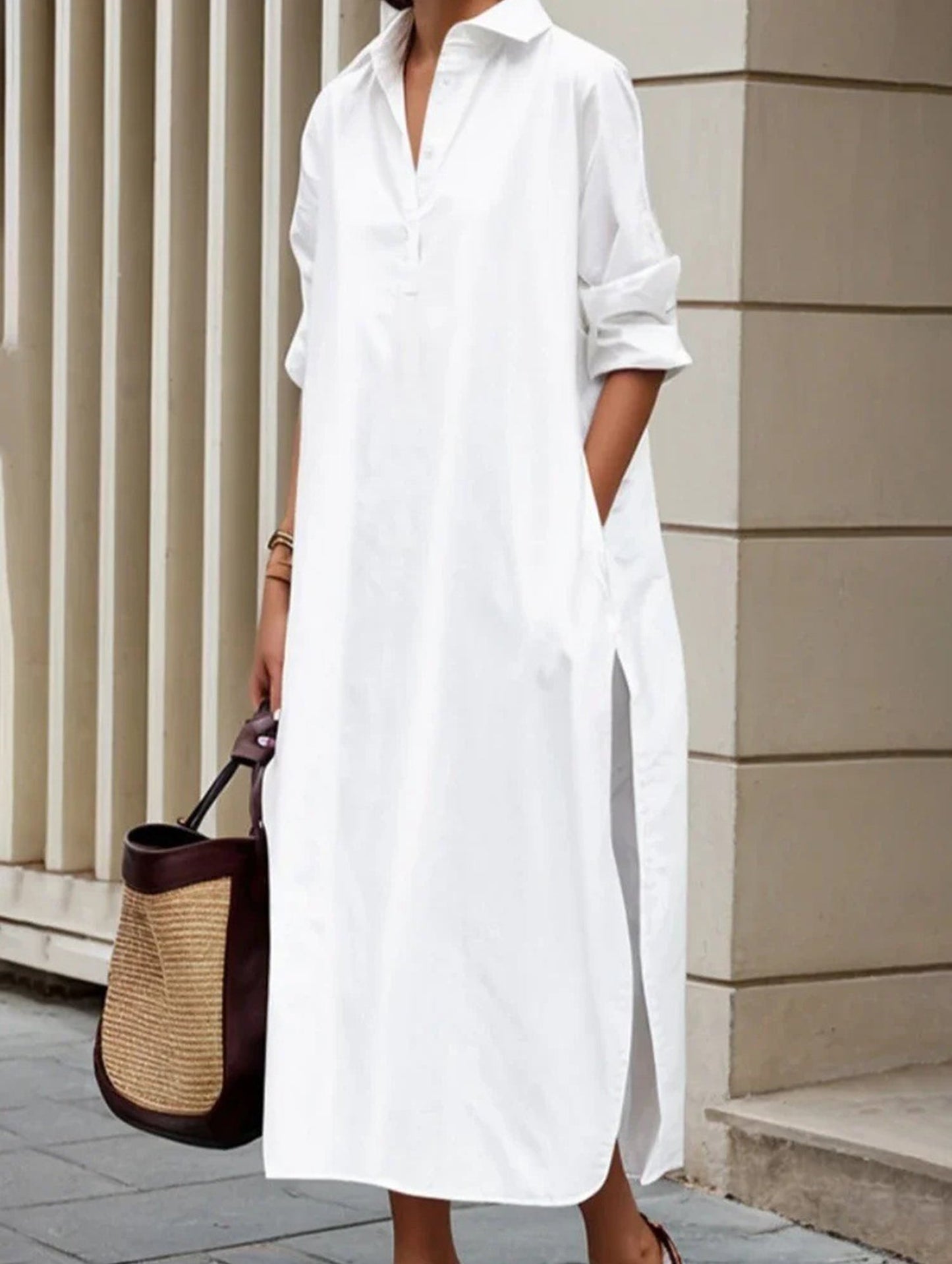 Lapel Button Side Slit Casual Midi Dress