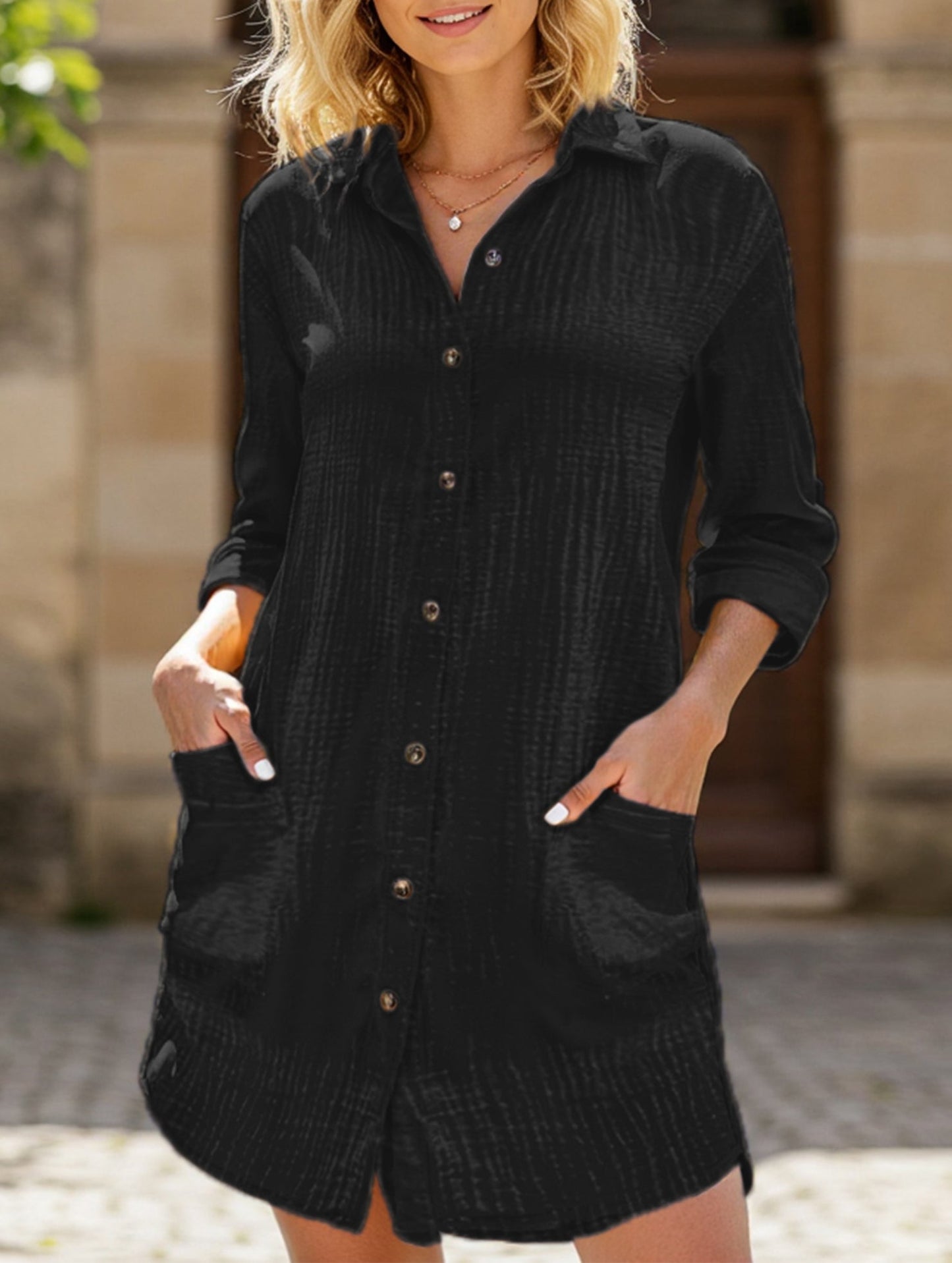 Loose waist top solid color shirt dress