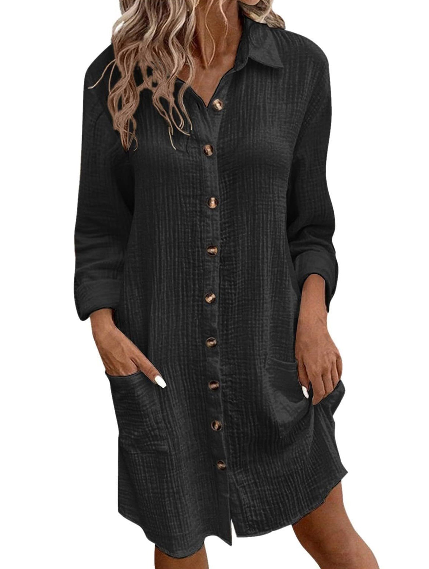 Loose waist top solid color shirt dress