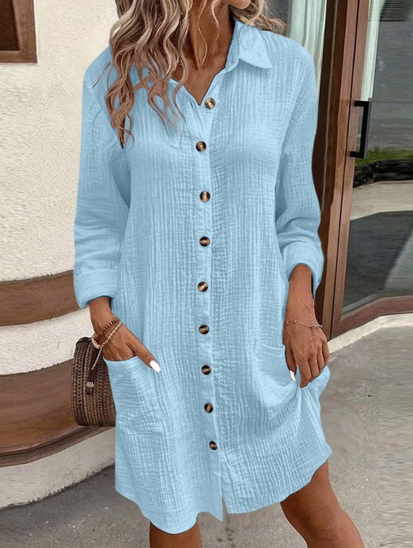 Loose waist top solid color shirt dress