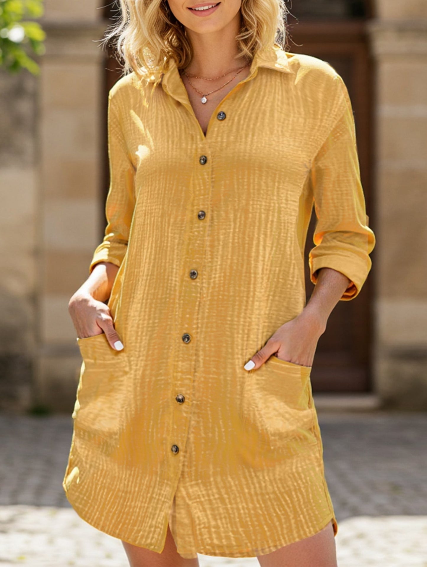 Loose waist top solid color shirt dress