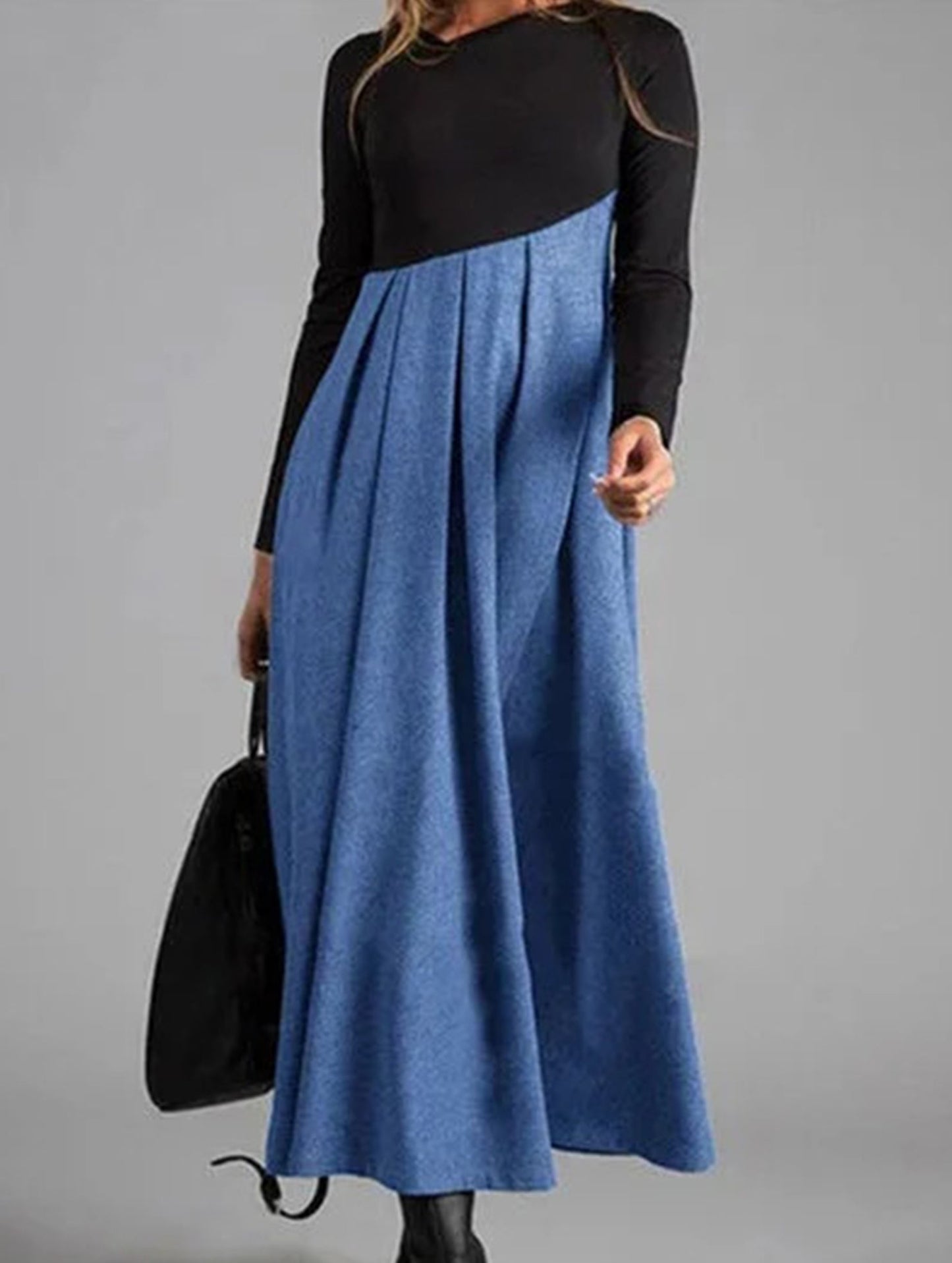 Contrast color V-neck long-sleeved dress