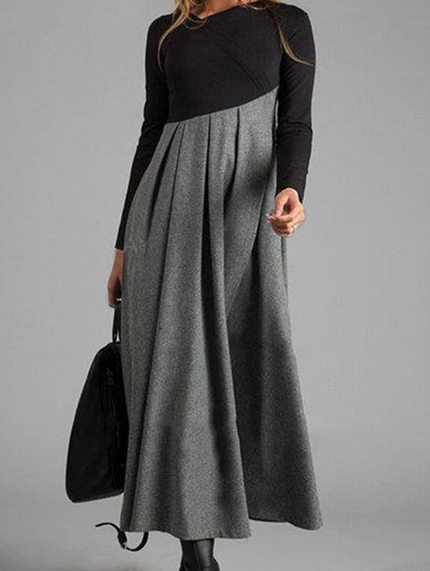 Contrast color V-neck long-sleeved dress